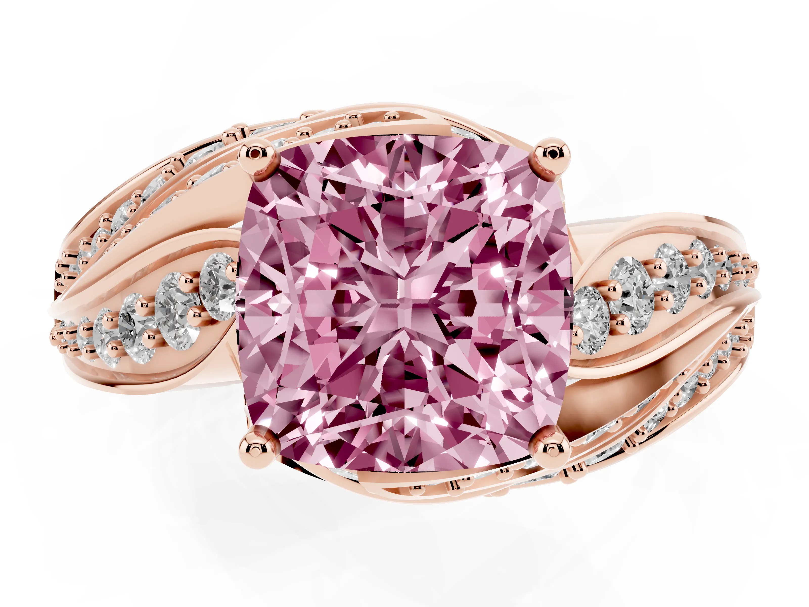 Fancy Pink Cushion Cut Diamond Solitaire Ring Set in Rose gold with Layered Twist Pavé Band