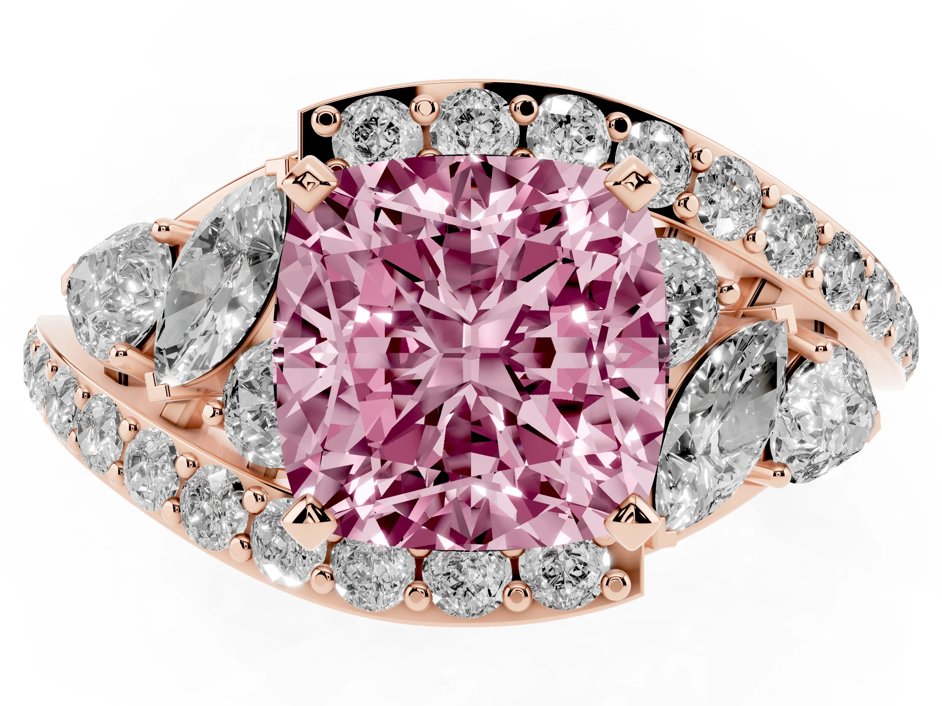Fancy Pink Cushion Cut Diamond Halo Ring Set in Rose gold with Marquise and Pavé Band in Prong Setting
