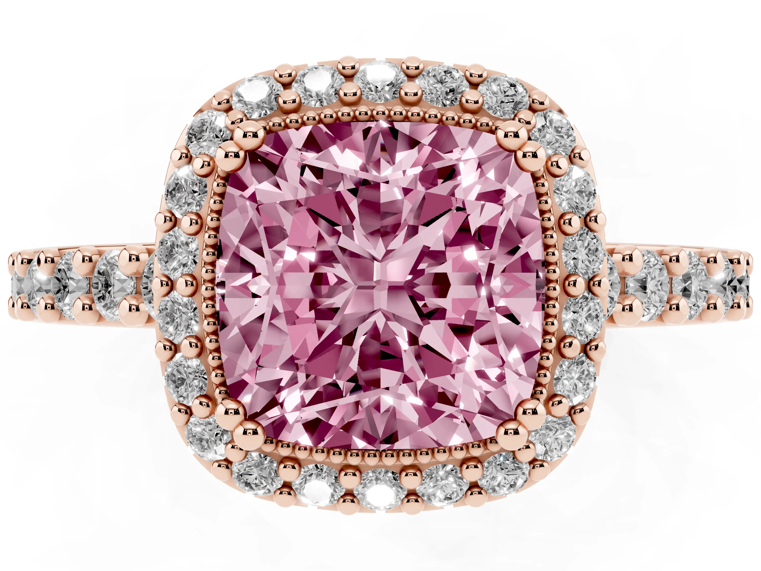 Fancy Pink Cushion Cut Diamond Halo Engagement Ring Set in Rose gold with Milgrain Detail and Pavé Band