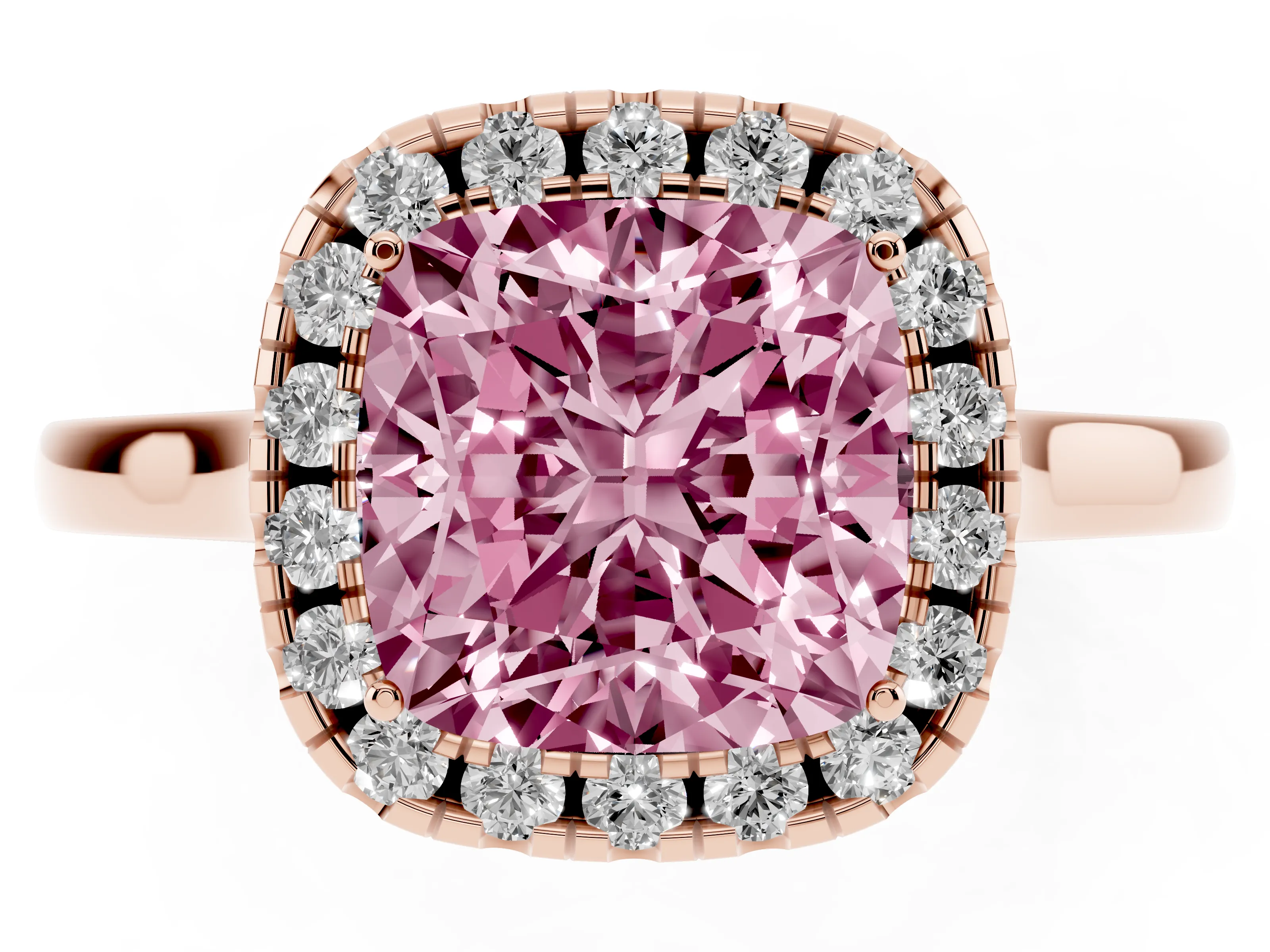 Fancy Pink Cushion Cut Halo Round Diamond Solitaire Ring Set in Rose gold with Pavé Band and Prong Setting