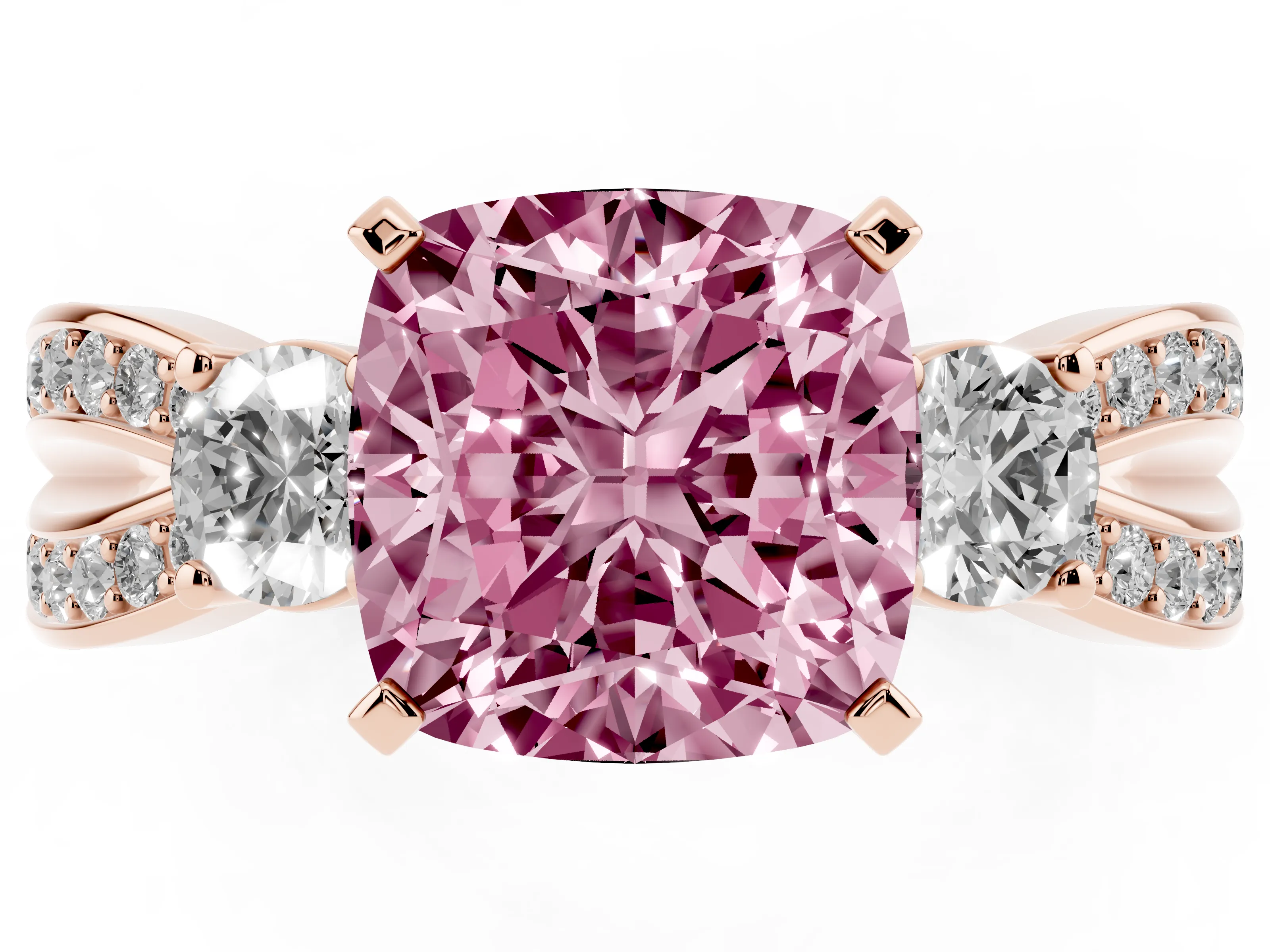 Fancy Pink Three-Stone Cushion Cut Diamond Twist Band Ring Set in Rose gold with Pavé Accents and Prong Setting