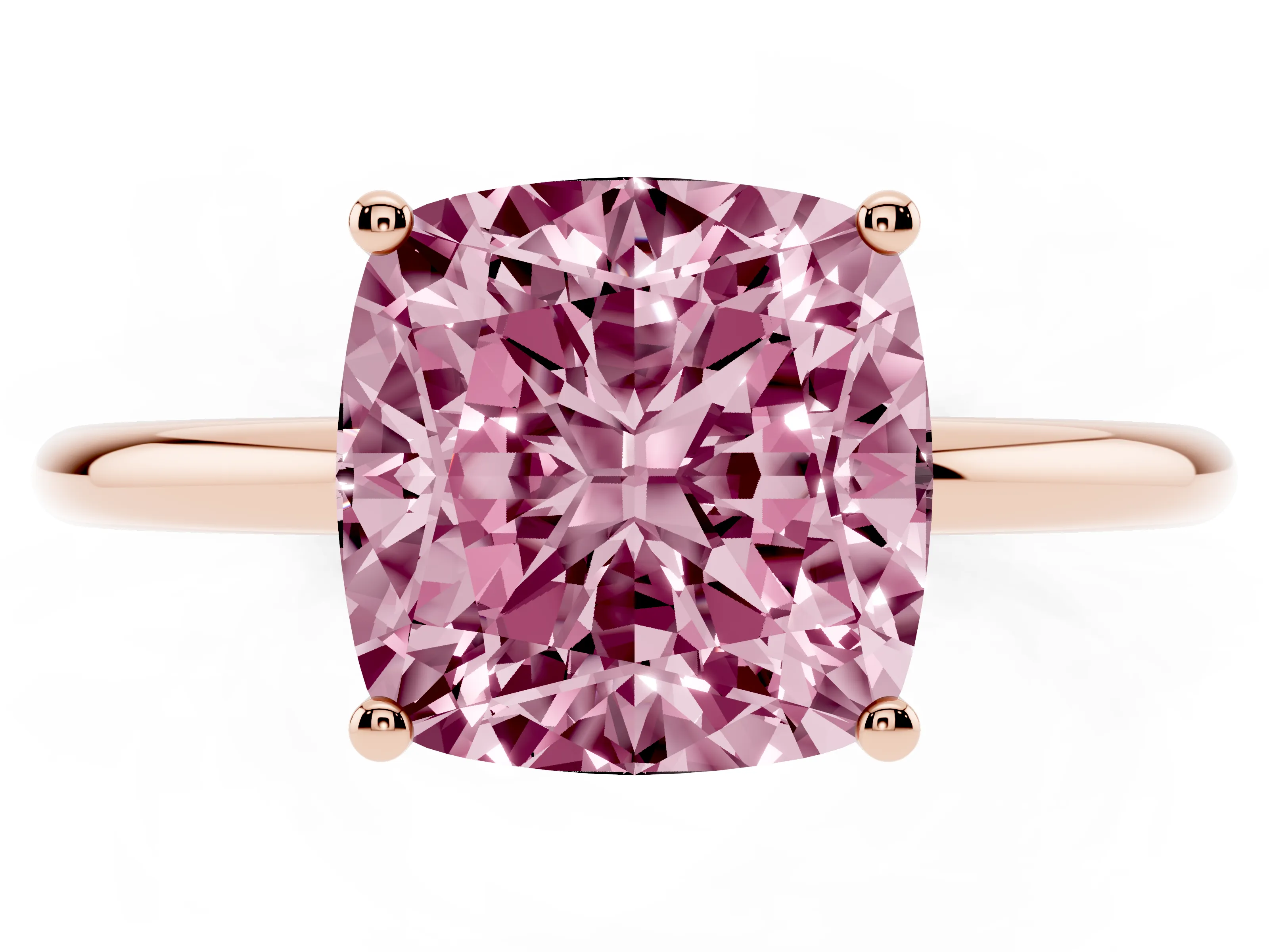 Fancy Pink Cushion Cut Diamond Solitaire Engagement Ring Set in Rose gold with Thin Band and Prong Setting