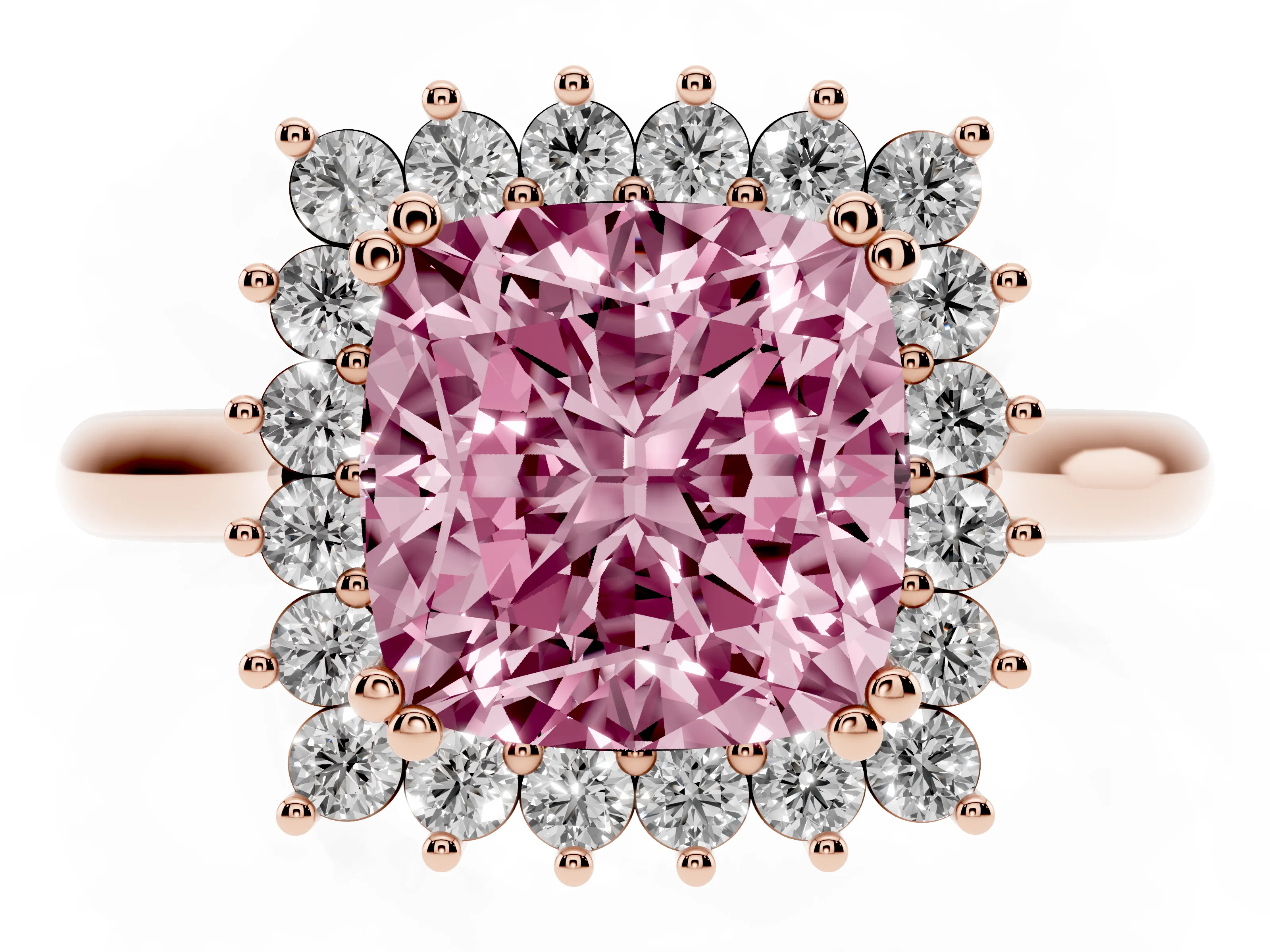 Fancy Pink Cushion Cut Diamond Halo Ring Set in Rose gold with Plain Solitaire Band and Prong Setting
