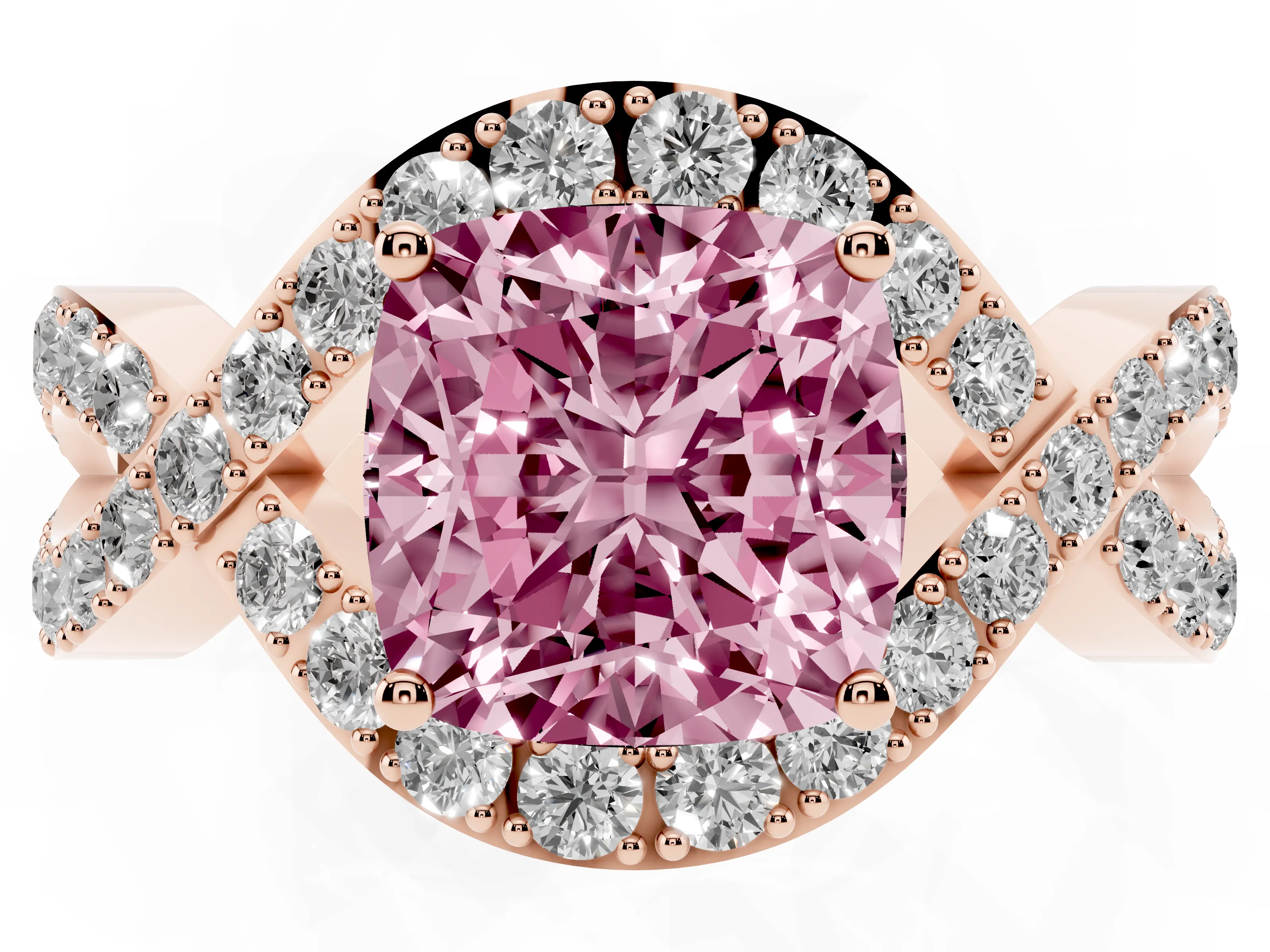 Fancy Pink Cushion Cut Diamond Solitaire Twist Band Pavé Engagement Ring Set in Rose gold