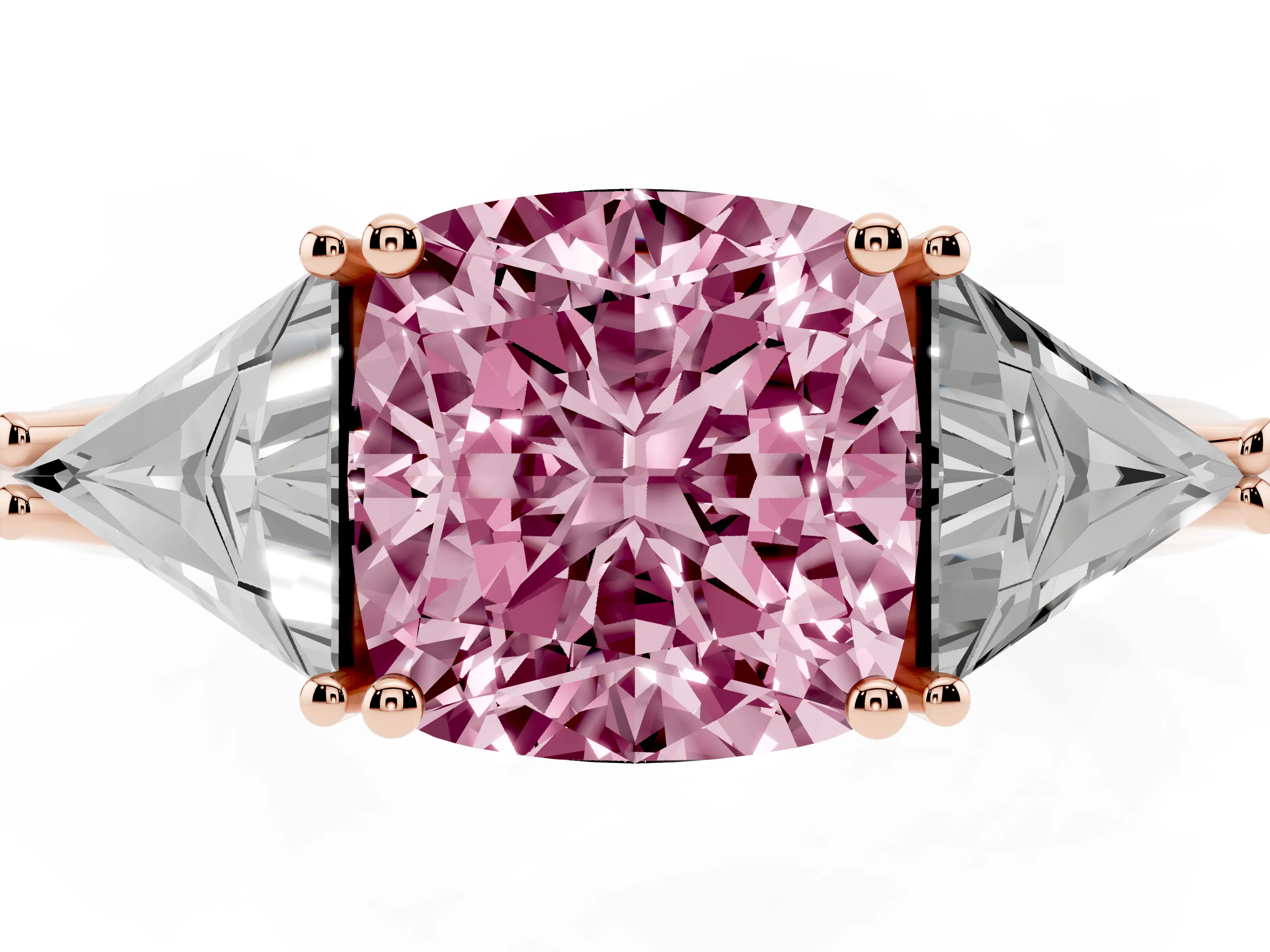 Fancy Pink Cushion Cut Diamond Three-Stone Engagement Ring Set in Rose gold with Trillion Side Stones