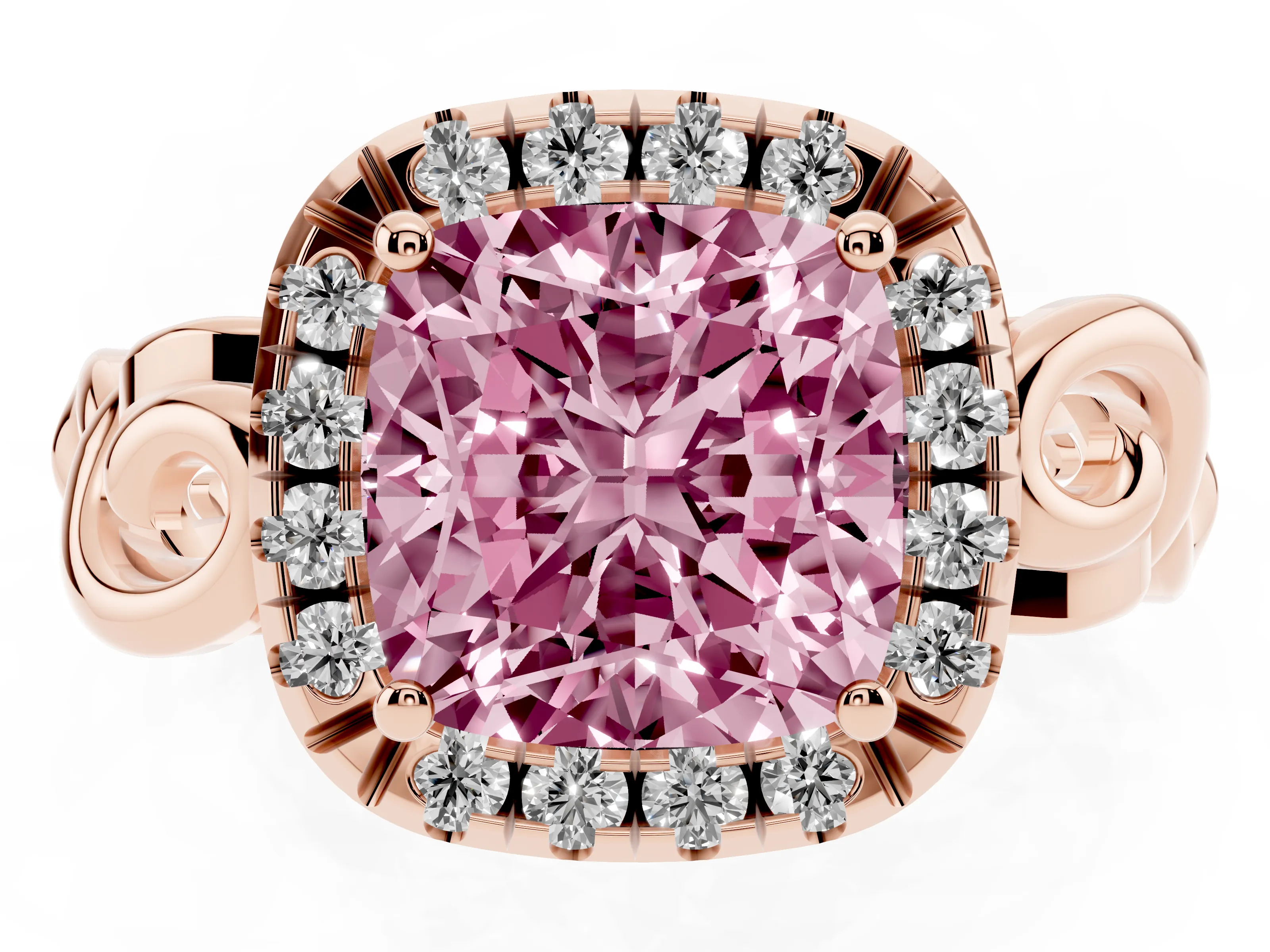 Fancy Pink Cushion Cut Diamond Halo Ring Set in Rose gold with Scrollwork Band and Prong Setting