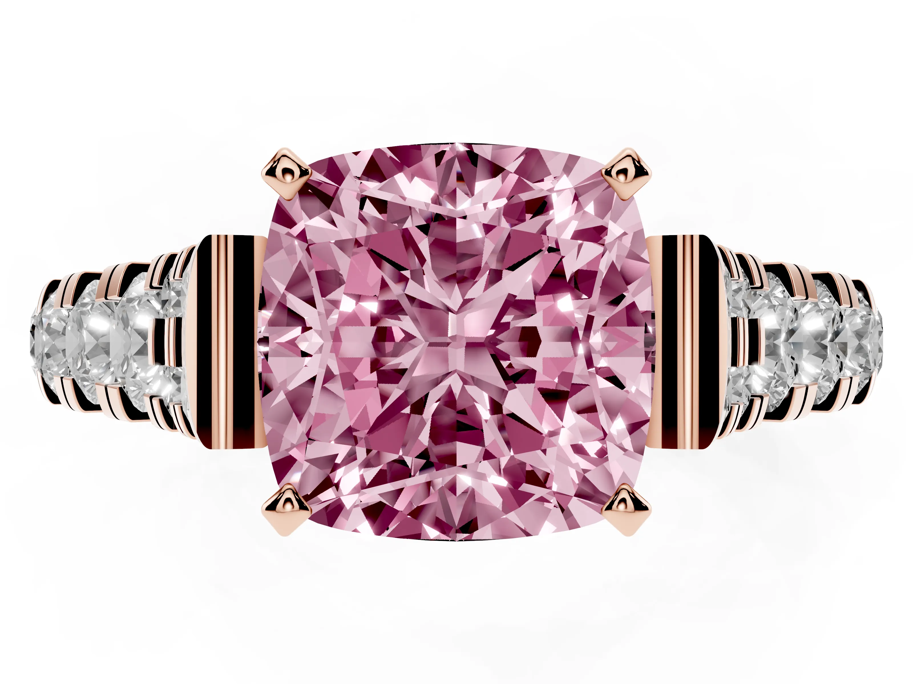Fancy Pink Cushion Cut Diamond Classic Solitaire Ring Set in Rose gold with Pavé Band and Prong Setting