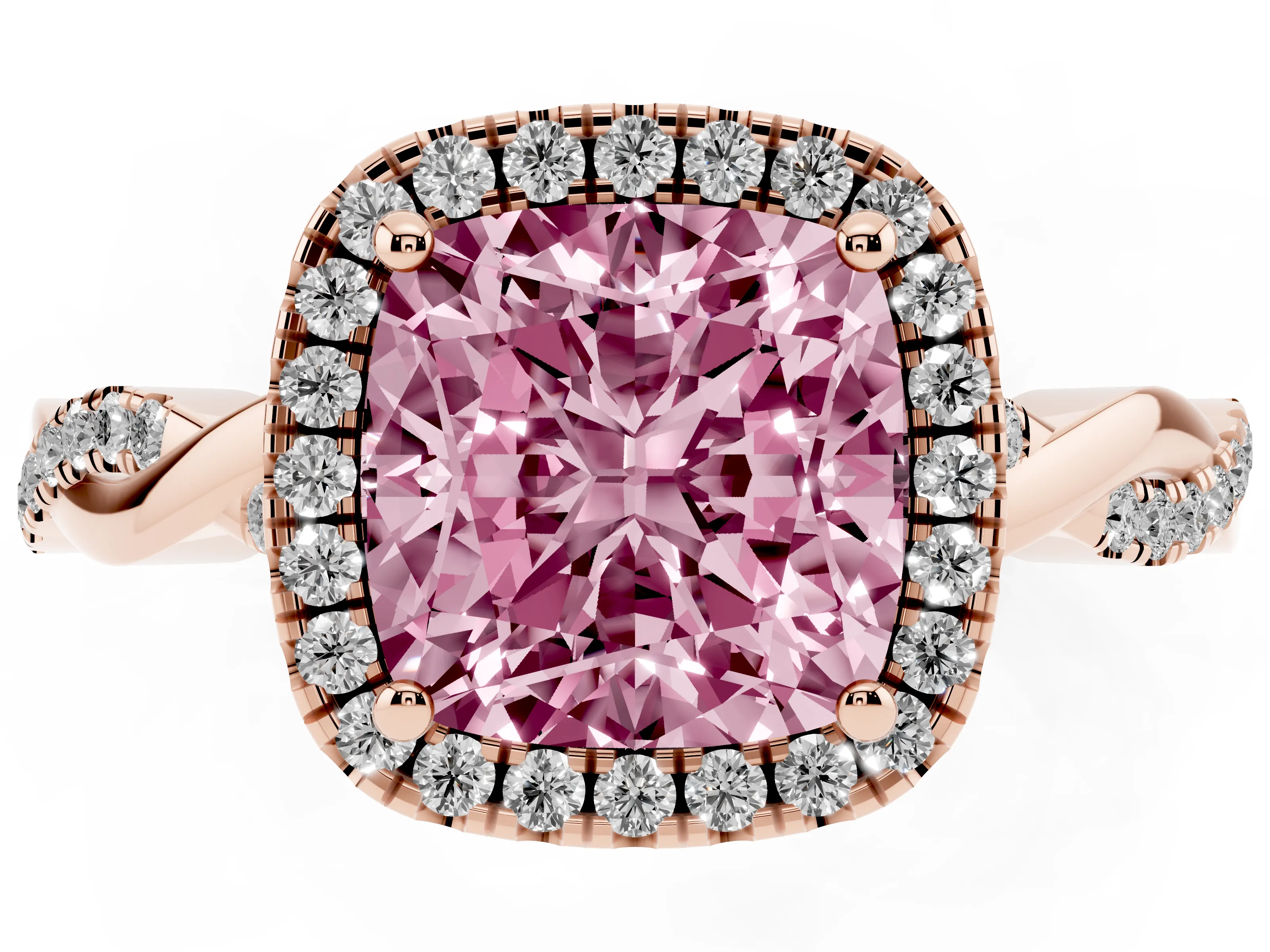 Fancy Pink Cushion Cut Diamond Halo Twisted Band Ring Set in Rose gold with Prong Setting