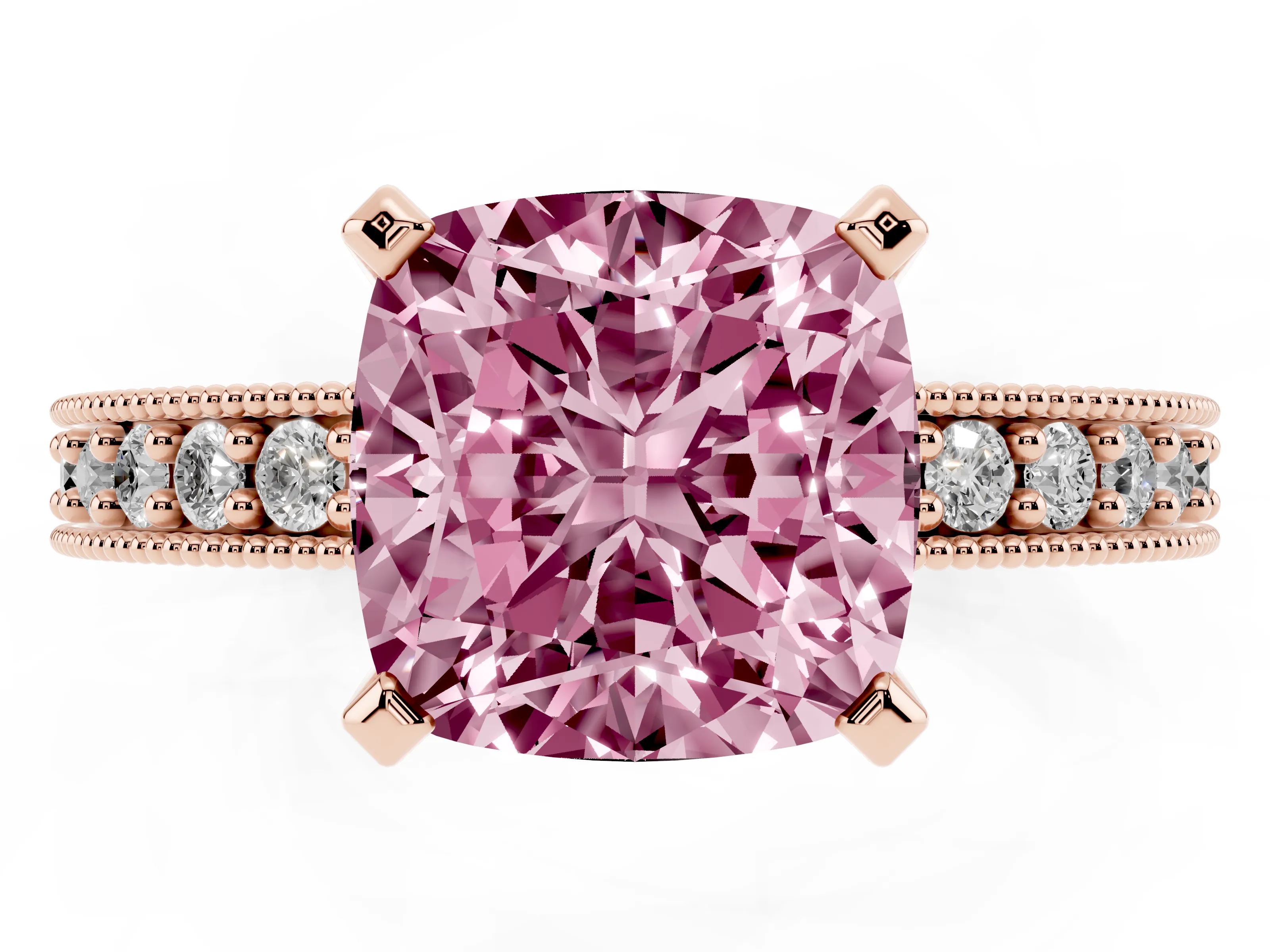 Fancy Pink Cushion Cut Diamond Milgrain Pavé Engagement Ring Set in Rose gold with Prong Setting