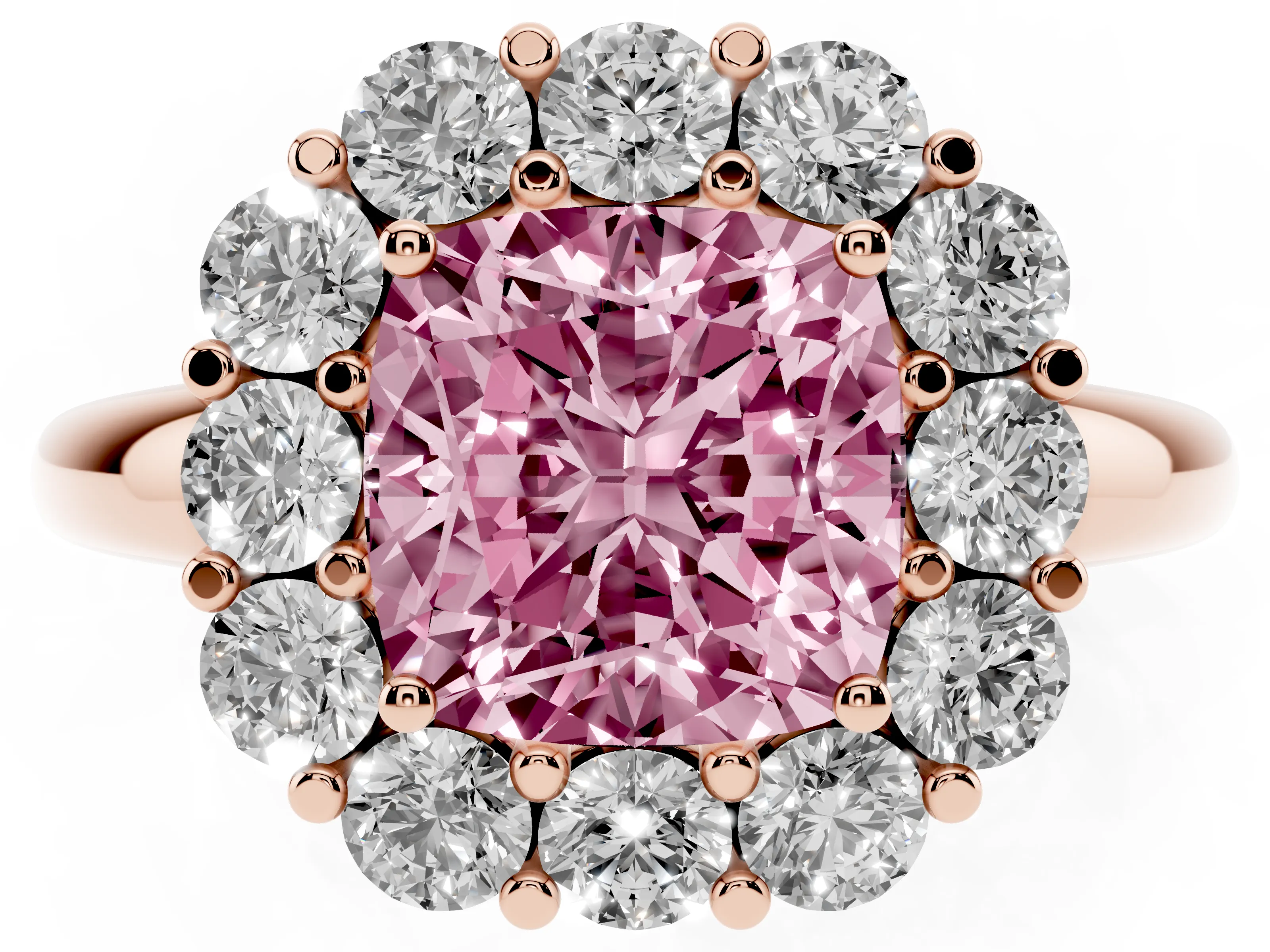 Fancy Pink Cushion Cut Diamond Halo Cluster Engagement Ring Set in Rose gold with Polished Band and Prong Setting