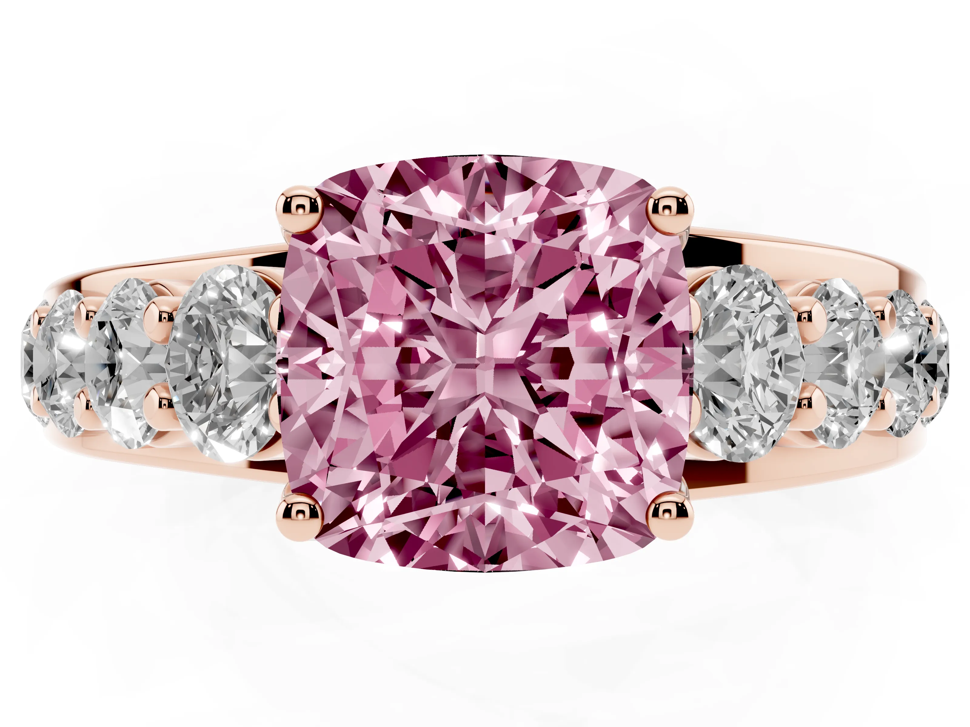 Fancy Pink Cushion Cut Diamond Pavé Engagement Ring Set in Rose gold with Prong Setting