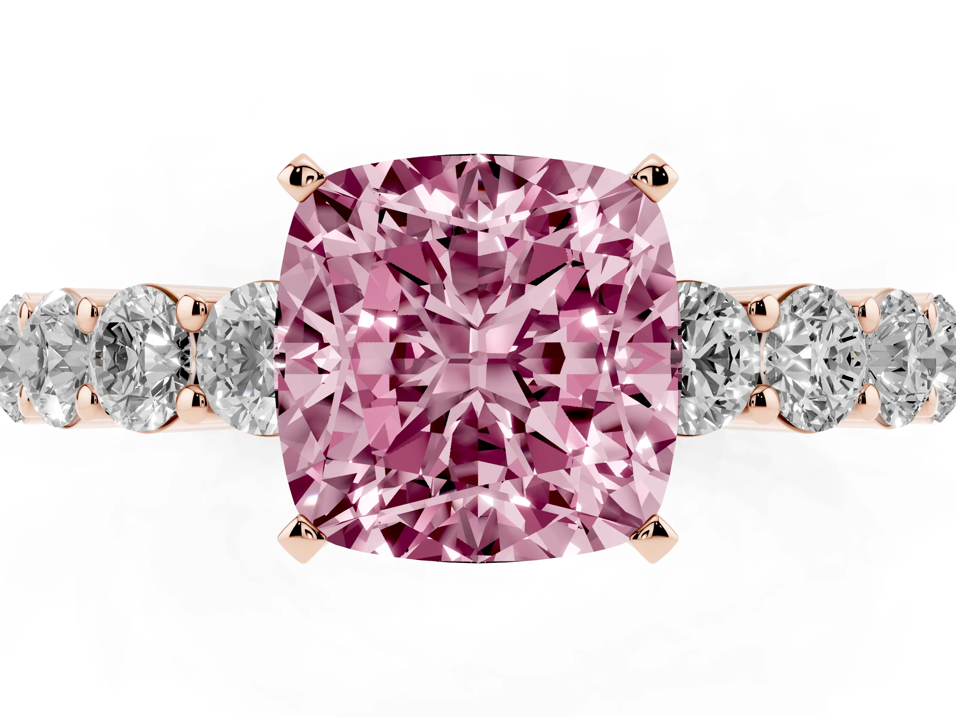 Fancy Pink Cushion Cut Diamond Solitaire Ring Set in Rose gold with Shared Prong Round Side Stones