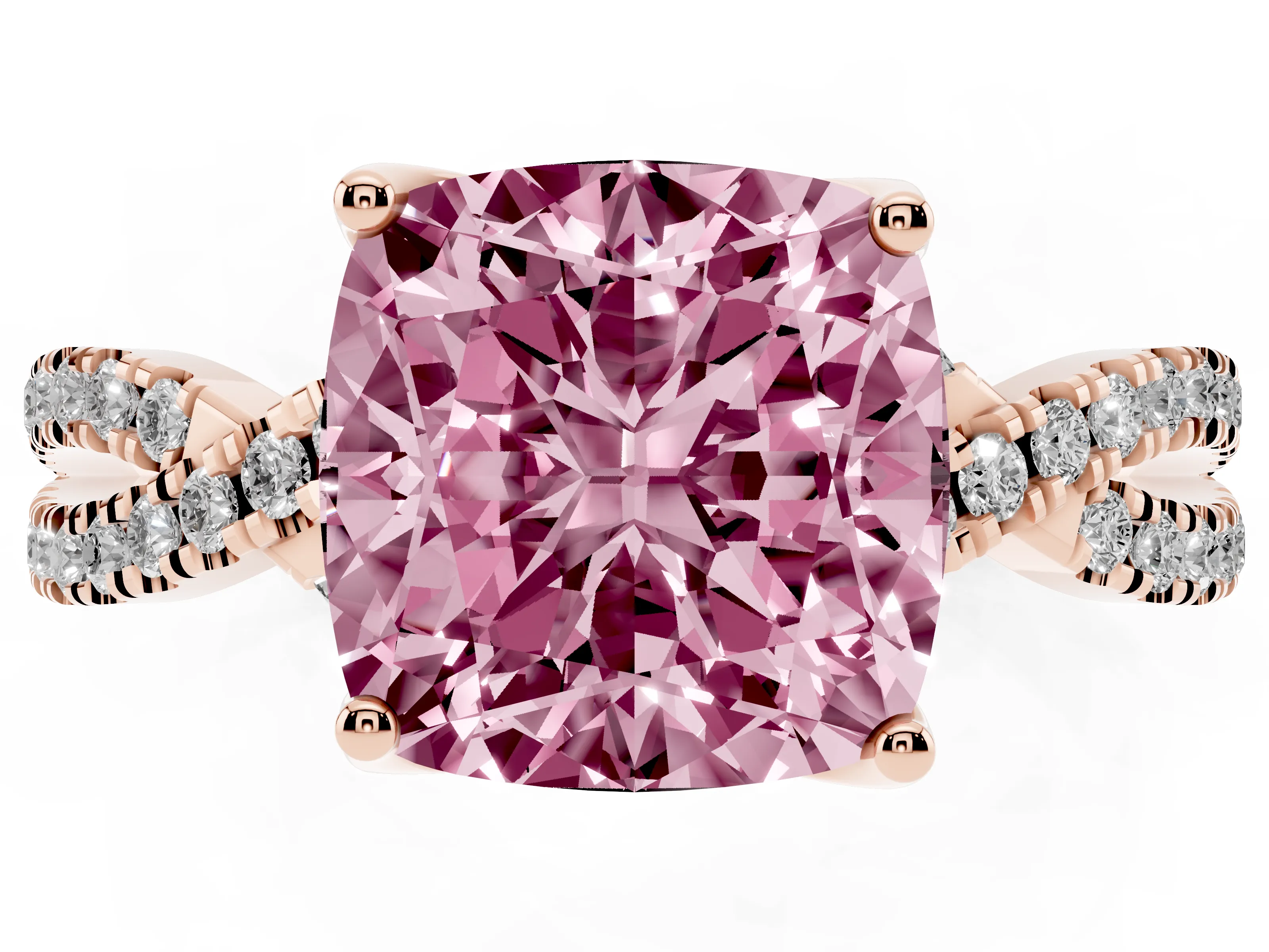 Fancy Pink Cushion Cut Diamond Twist Pavé Solitaire Engagement Ring Set in Rose gold with Prong Setting