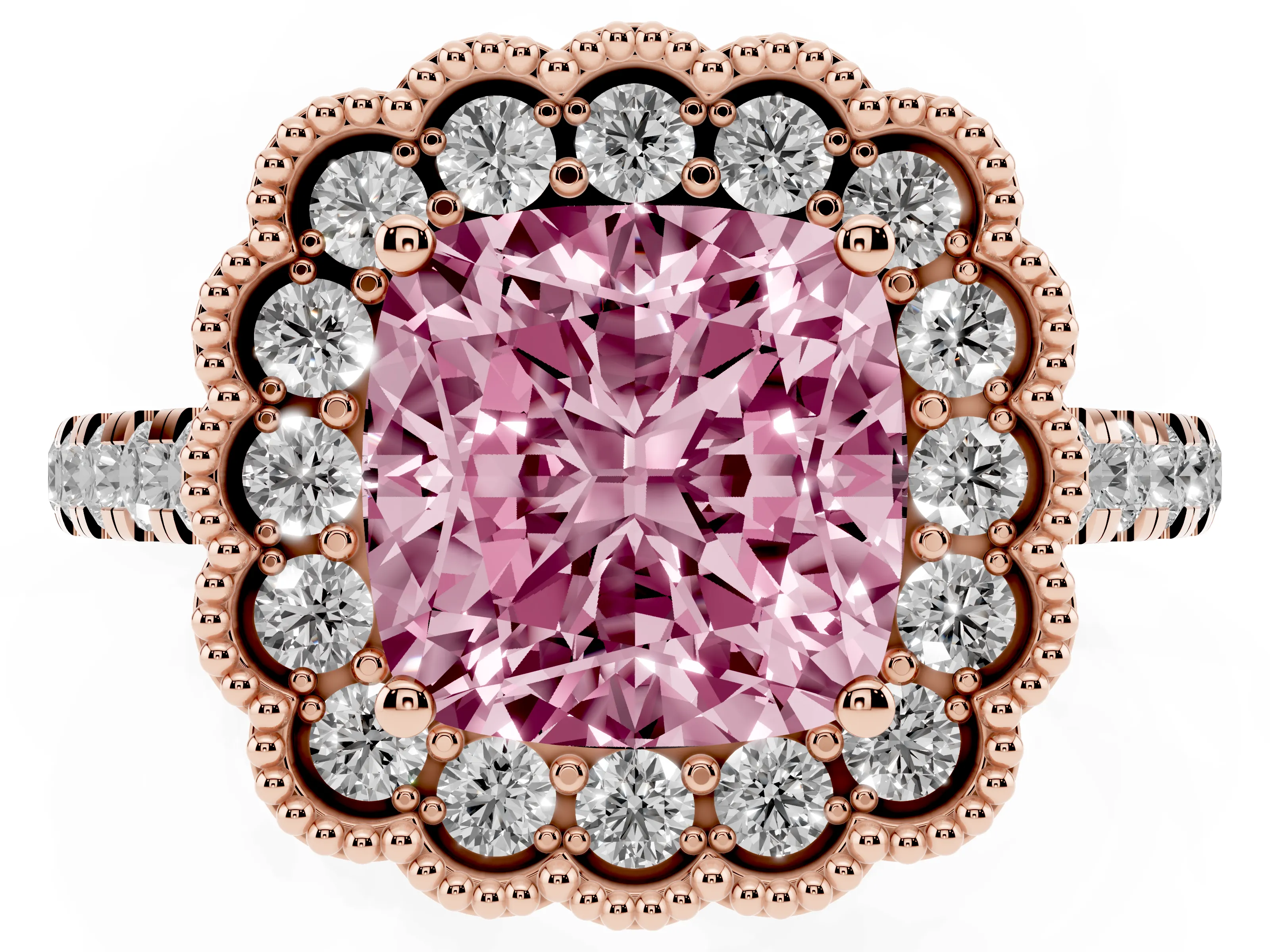 Fancy Pink Cushion Cut Diamond Milgrain Floral Halo Engagement Ring Set in Rose gold with Pavé Band