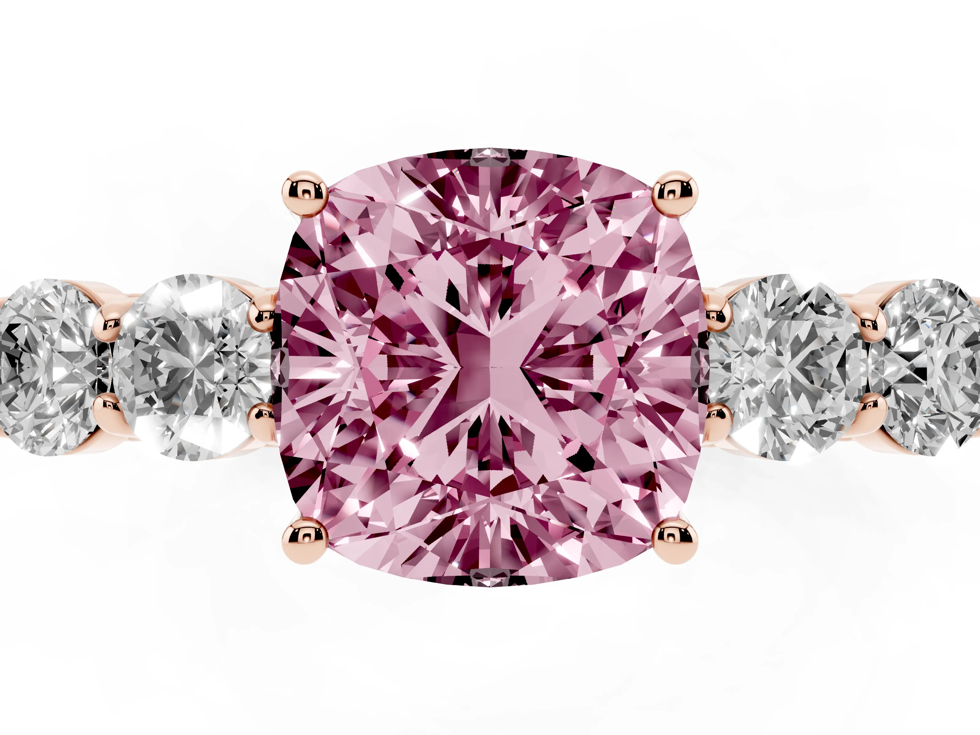 Fancy Pink Cushion Cut Diamond Five-Stone Prong Set Band Ring Set in Rose gold with Polished Band