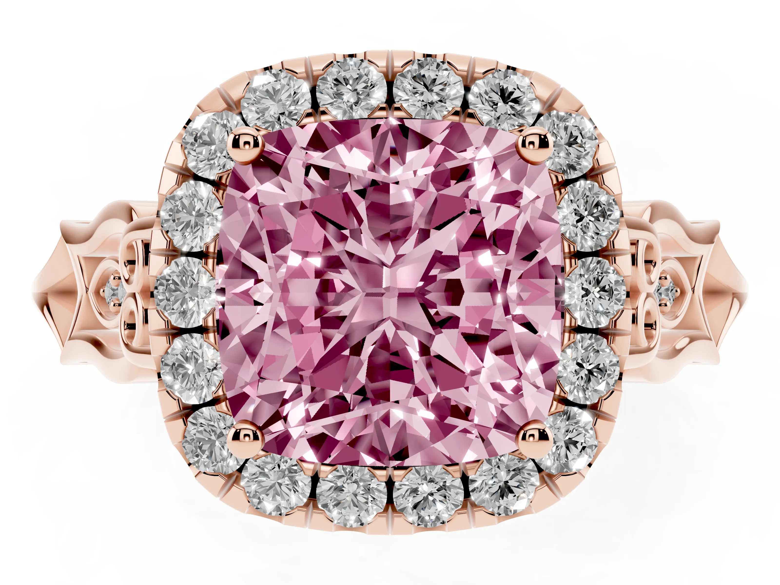 Fancy Pink Cushion Cut Diamond Halo Engagement Ring Set in Rose gold with Filigree Band and Prong-Set Center