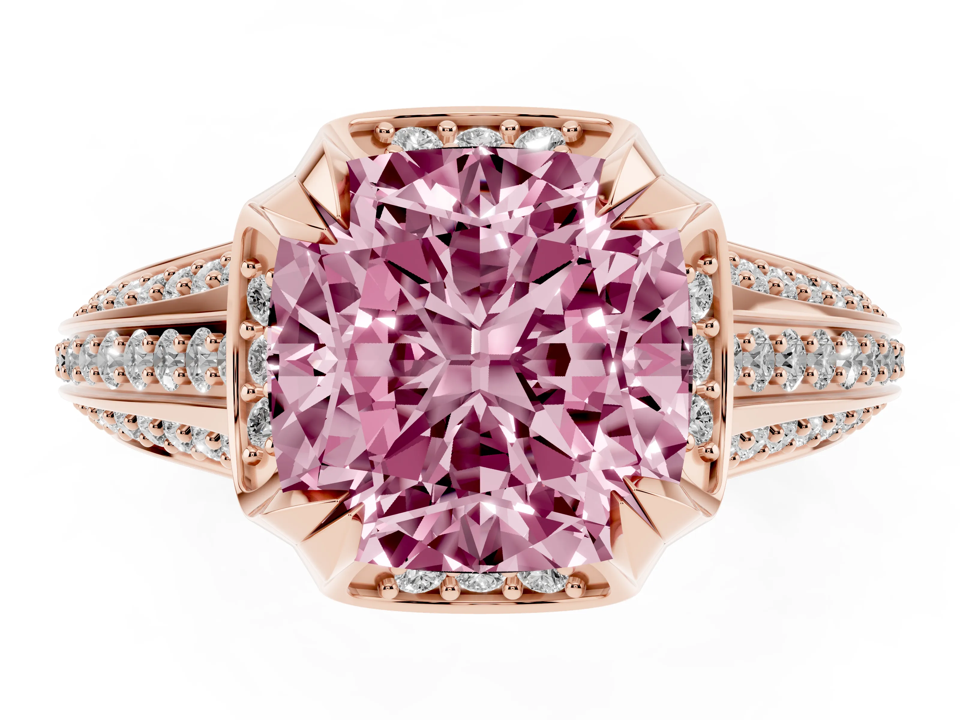 Fancy Pink Cushion Cut Diamond Pavé Split Shank Solitaire Ring Set in Rose gold with Prong Setting