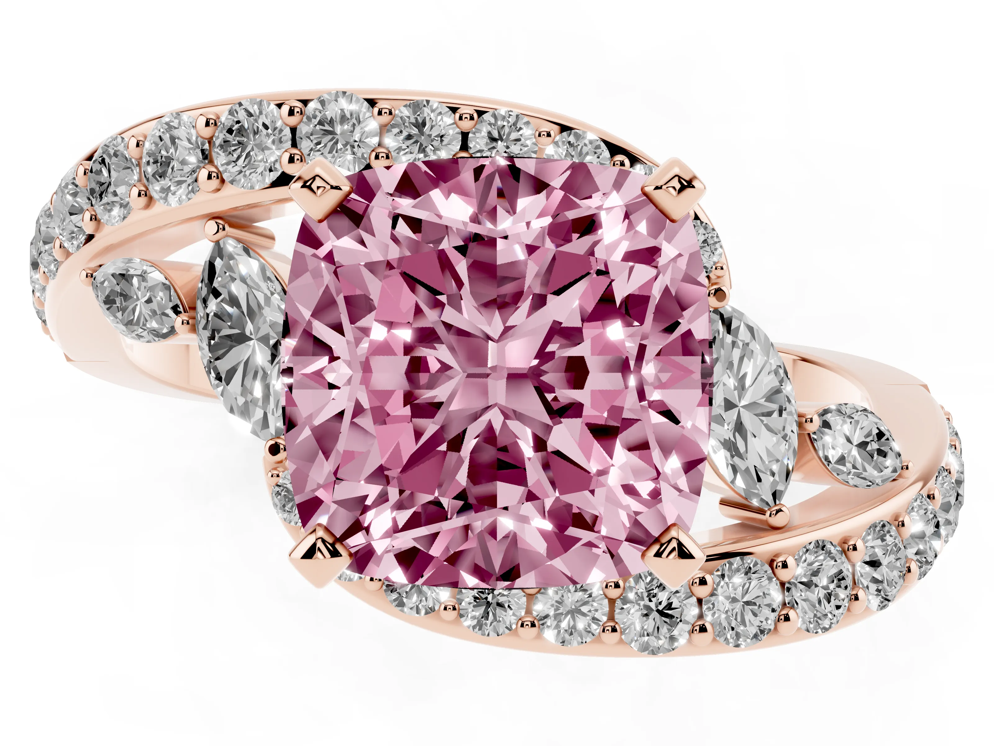 Fancy Pink Cushion Cut Diamond Solitaire Ring Set in Rose gold with Pavé Twist Band and Secure Prong Setting