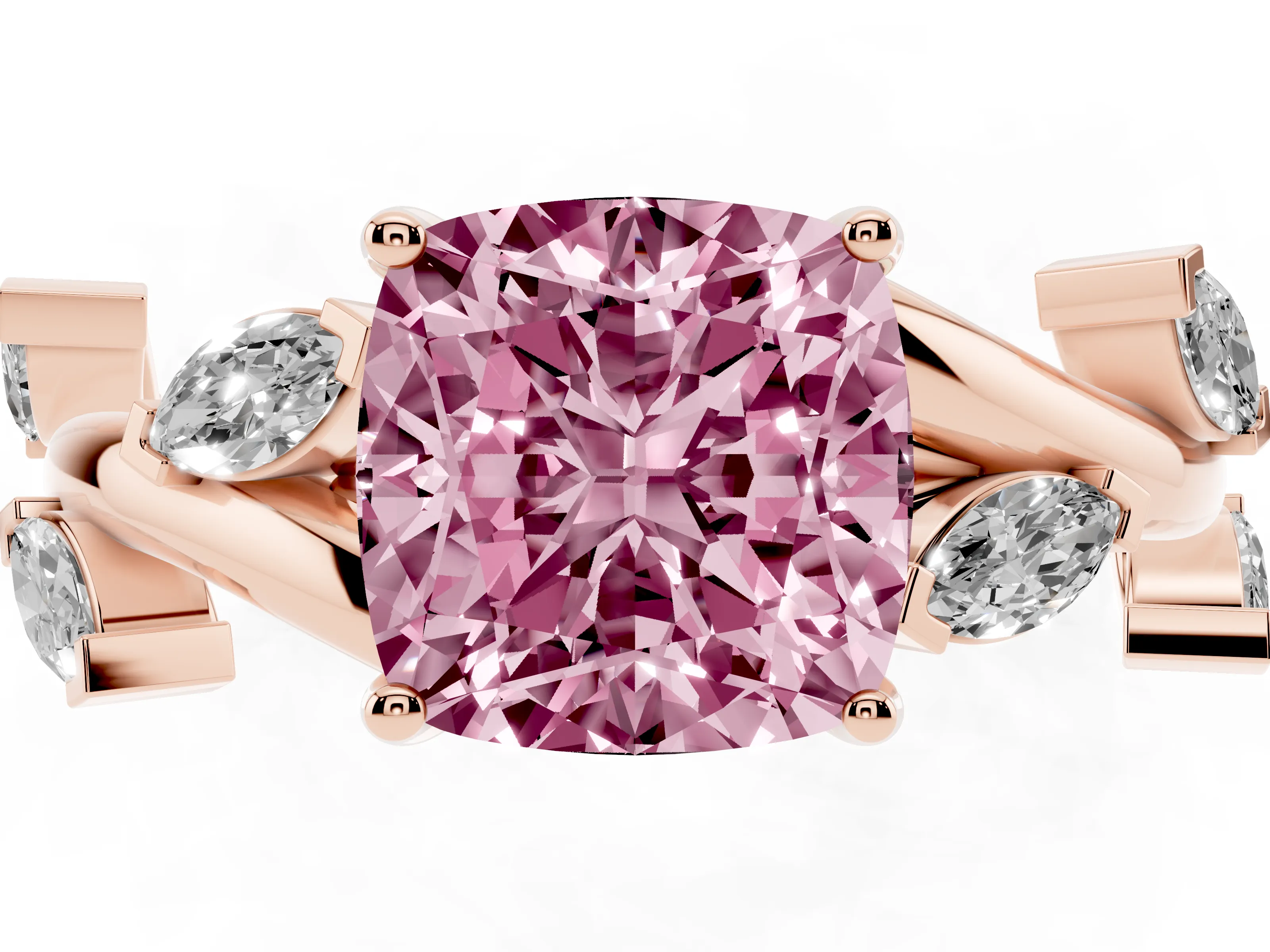 Fancy Pink Cushion Cut Diamond Solitaire Ring Set in Rose gold with Twisted Marquise Accent Band
