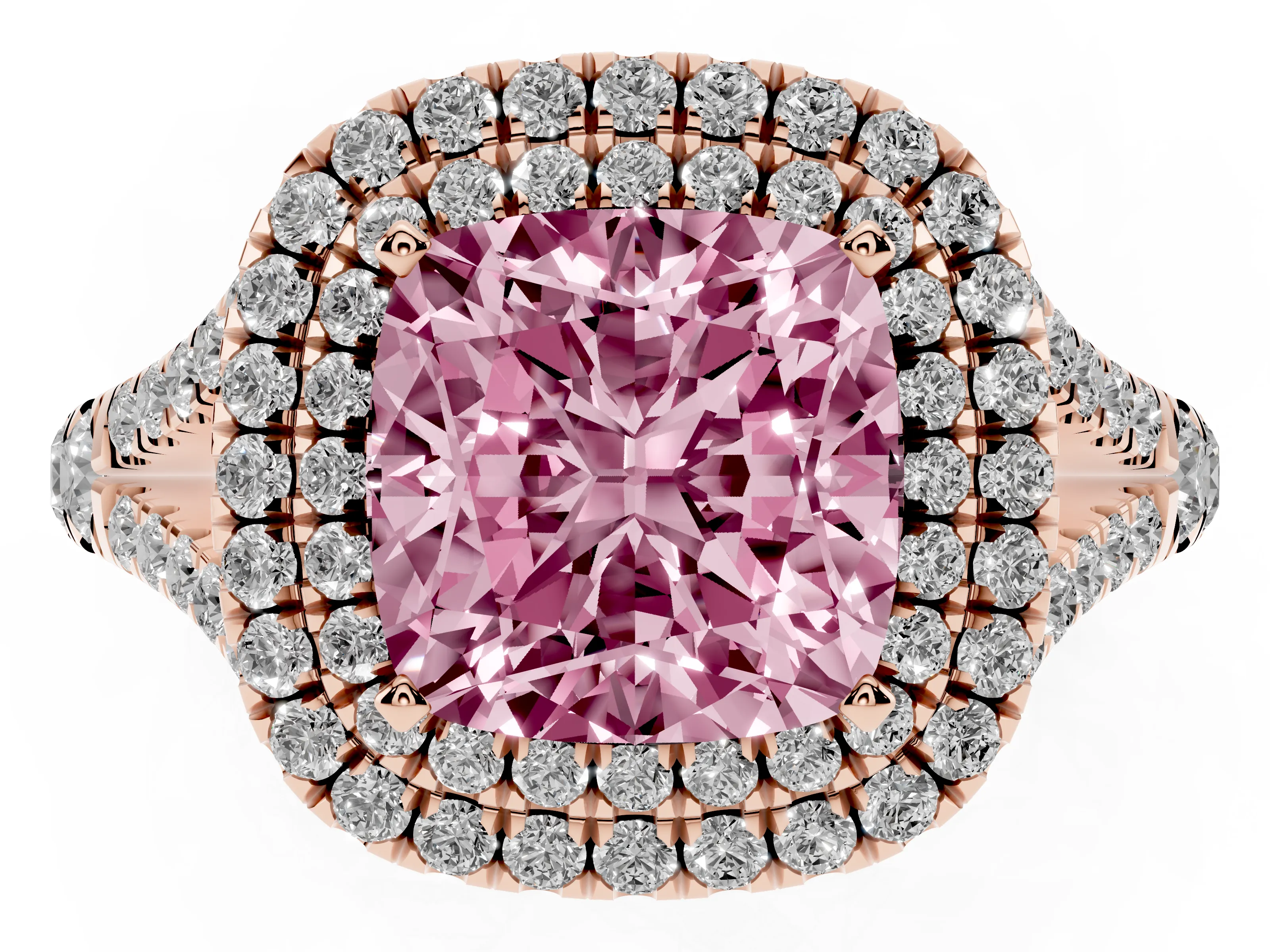 Fancy Pink Cushion Cut Diamond Pavé Split Shank Double Halo Engagement Ring Set in Rose gold