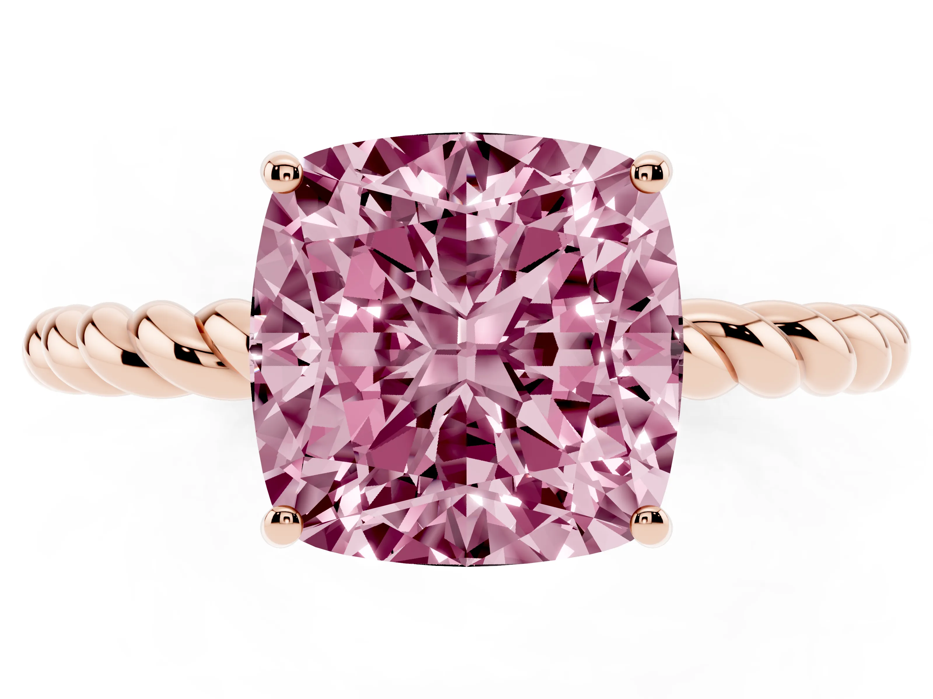 Fancy Pink Cushion Cut Diamond Solitaire Ring Set in Rose gold with Twist Band and Prong Setting