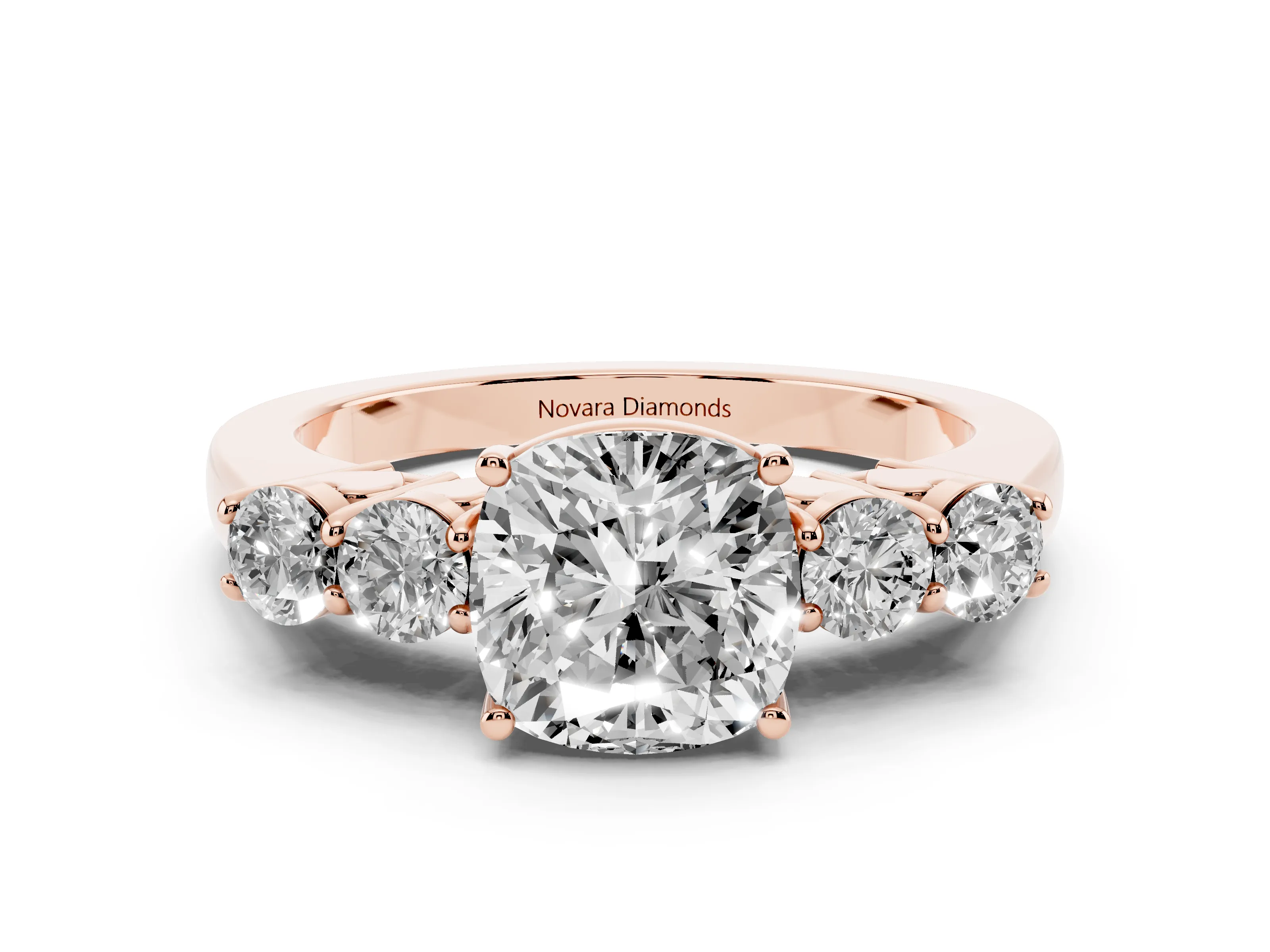 Cushion Cut Diamond Five-Stone Prong Set Band Ring Set in Rose gold with Polished Band
