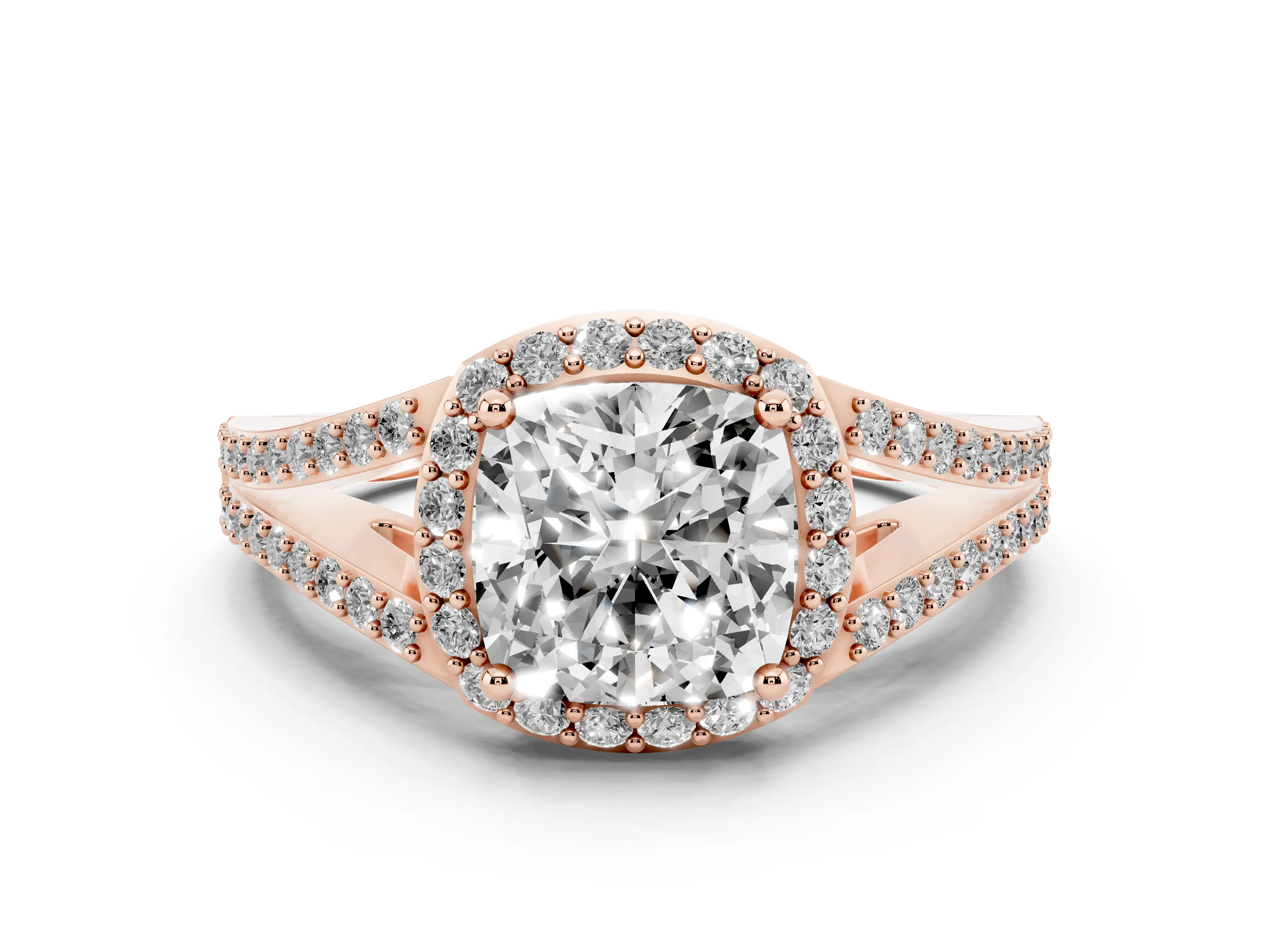 Cushion Cut Diamond Halo Split Shank Ring Set in Rose gold with Accent Stones and Prong Setting