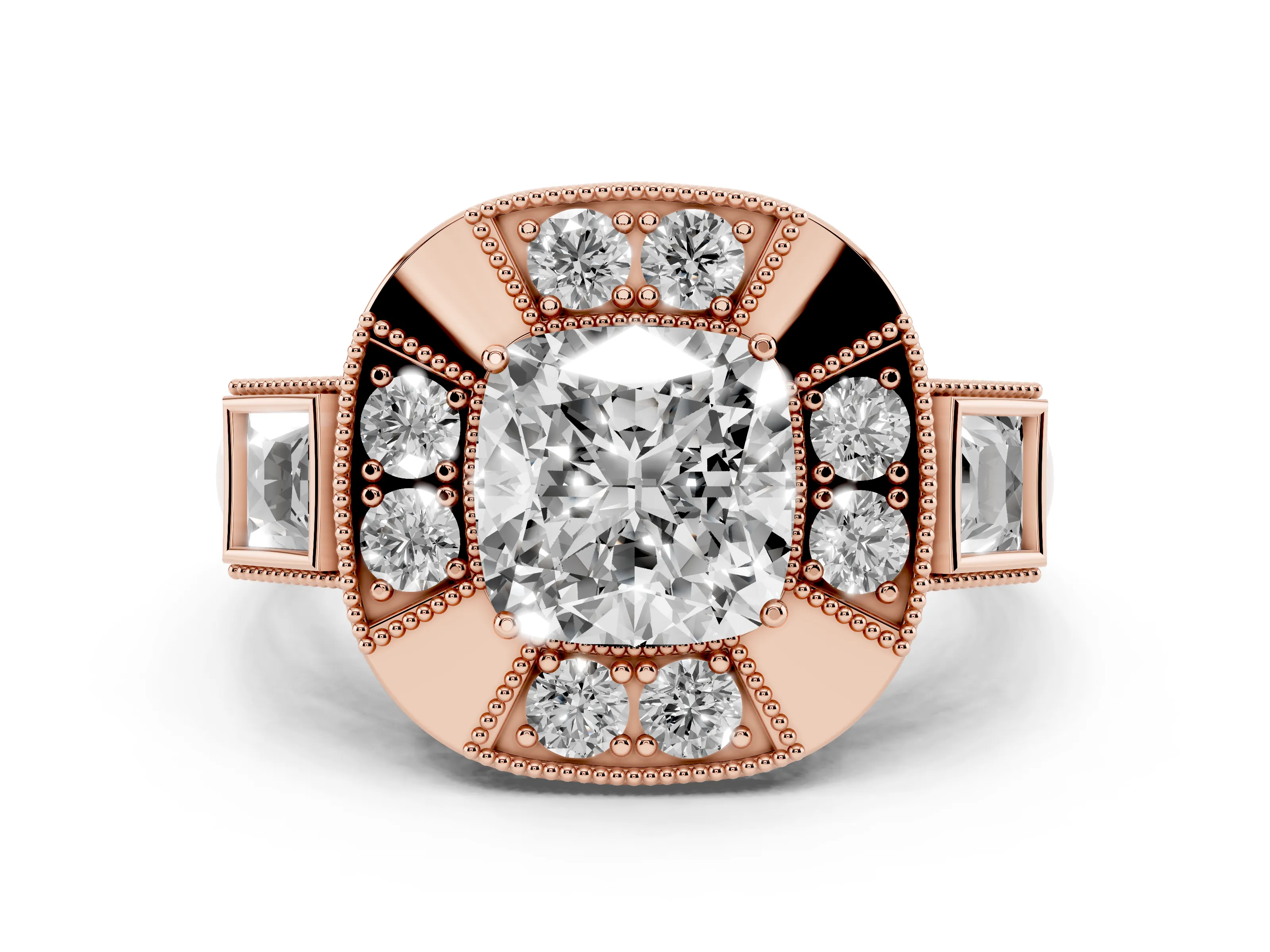 Cushion Cut Diamond Milgrain Halo Ring Set in Rose gold with Split Shank