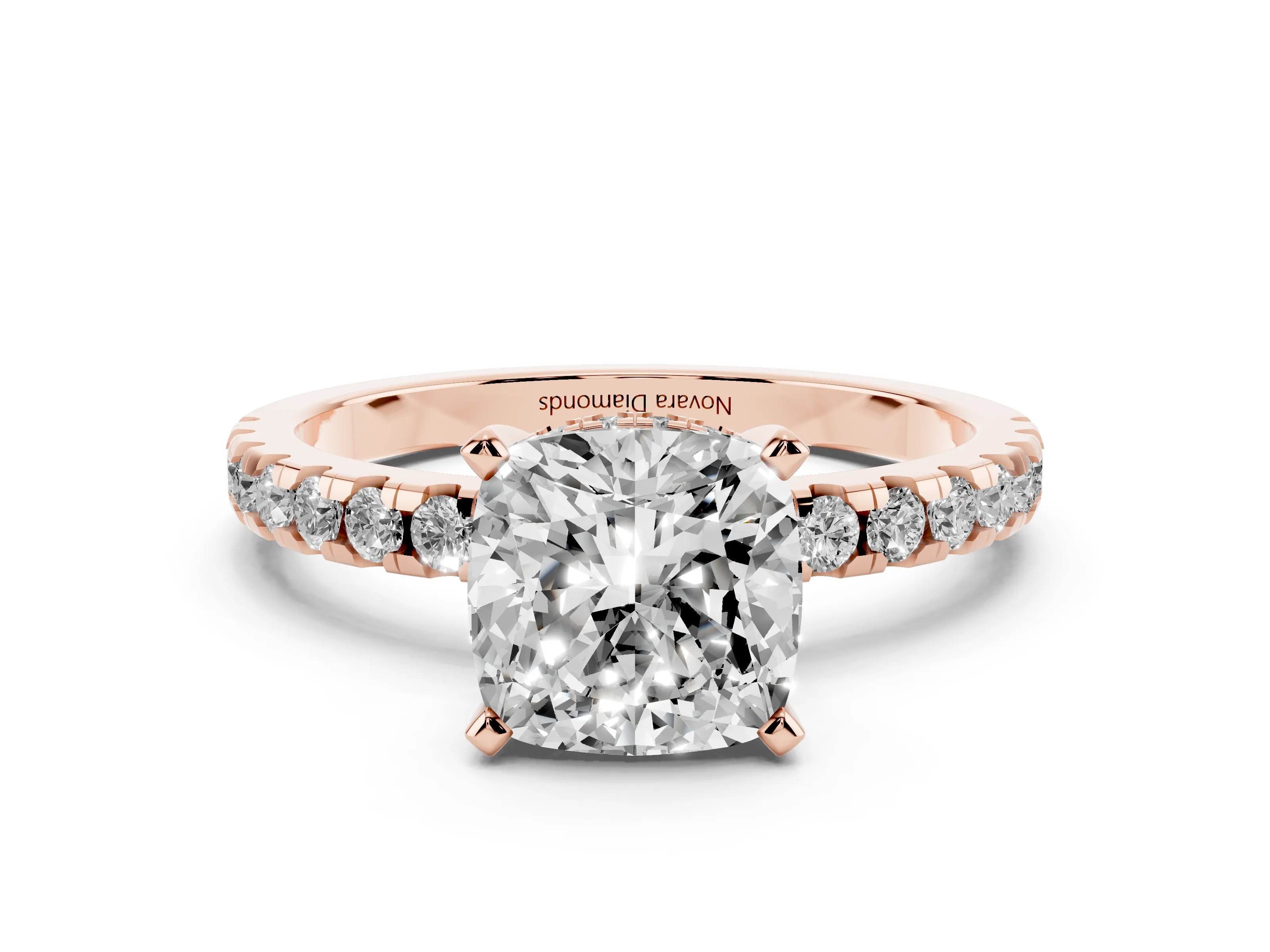 Cushion Cut Diamond Pavé Solitaire Ring Set in Rose gold with Round Band Accents and Prong Setting