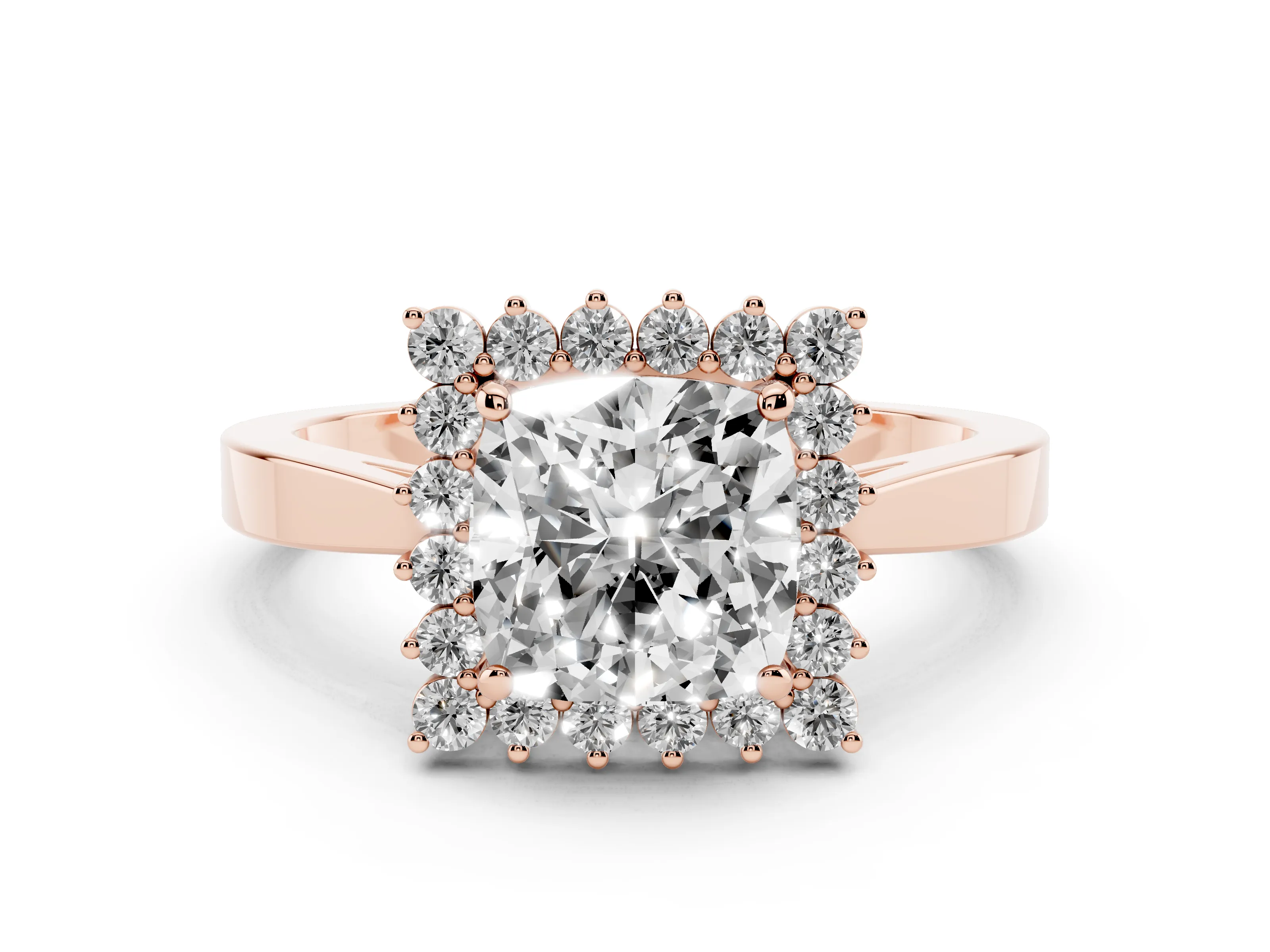 Cushion Cut Diamond Halo Ring Set in Rose gold with Round Halo and Smooth Solitaire Band