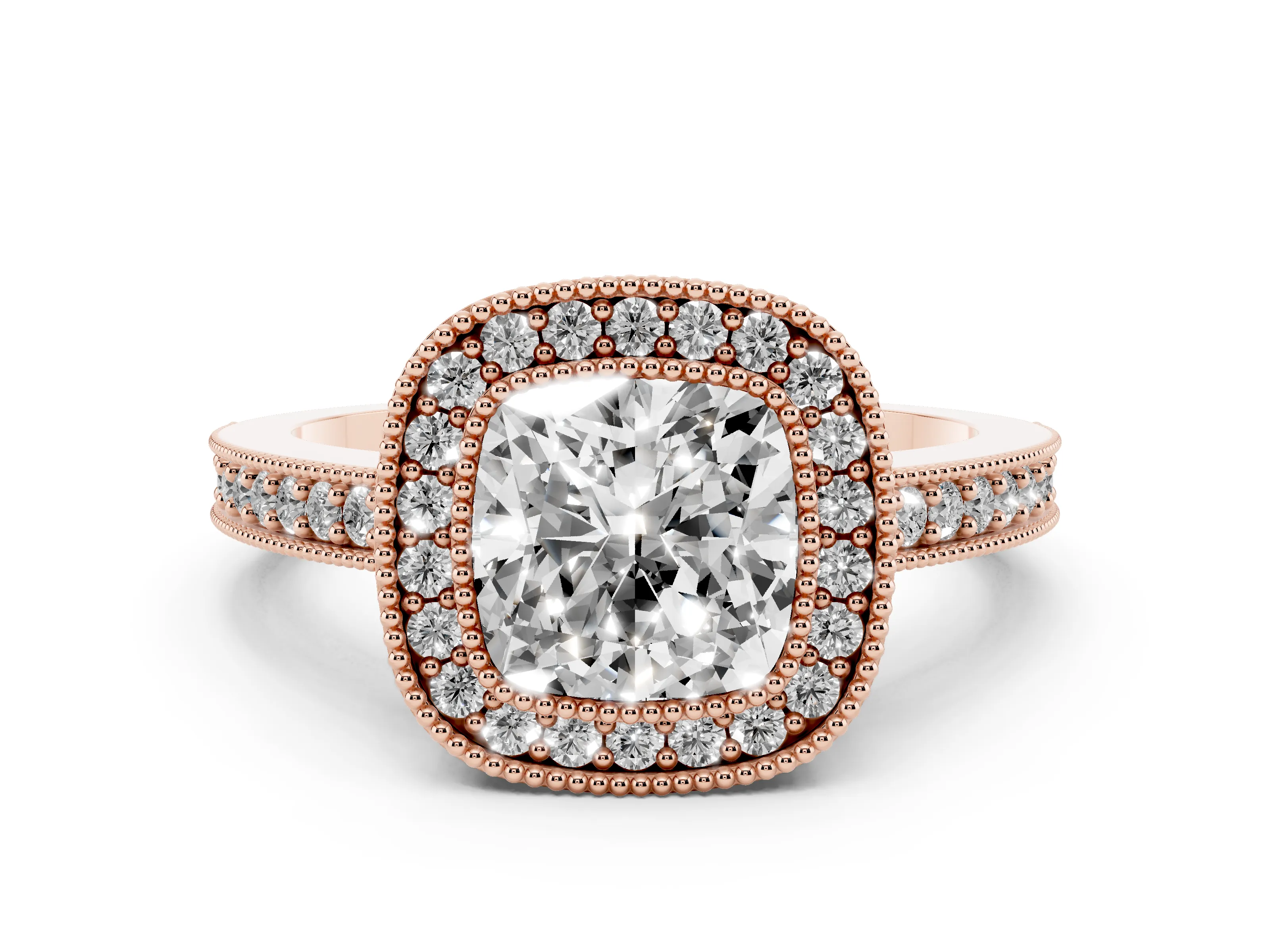 Cushion Cut Diamond Halo Engagement Ring Set in Rose gold with Pavé Band and Round Halo Stones
