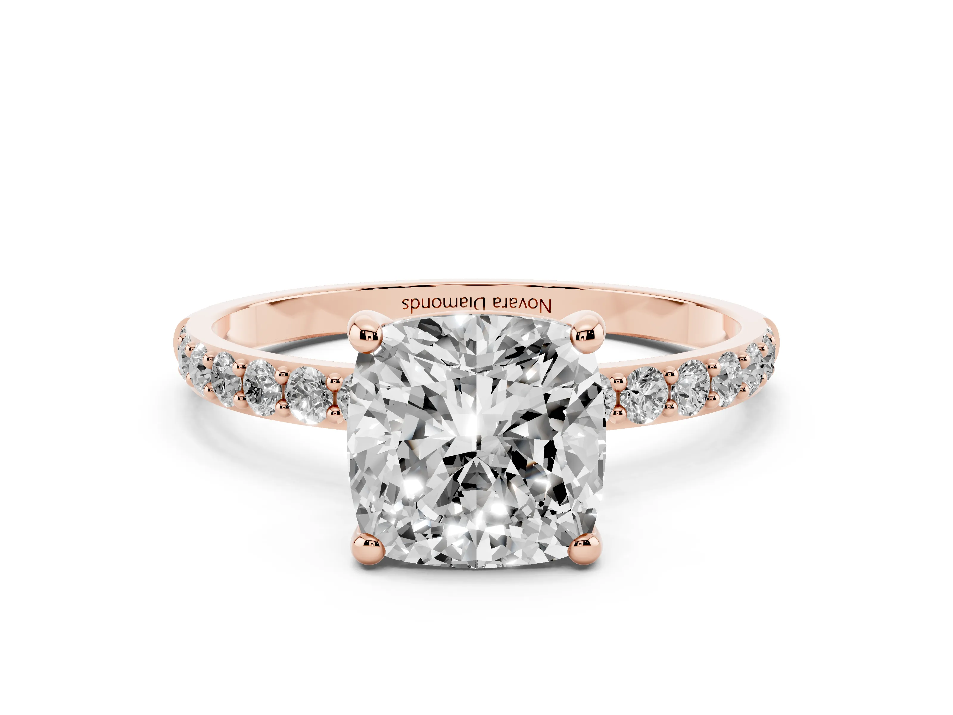 Cushion Cut Diamond Solitaire Ring Set in Rose gold with Round Pavé Band and Prong Setting