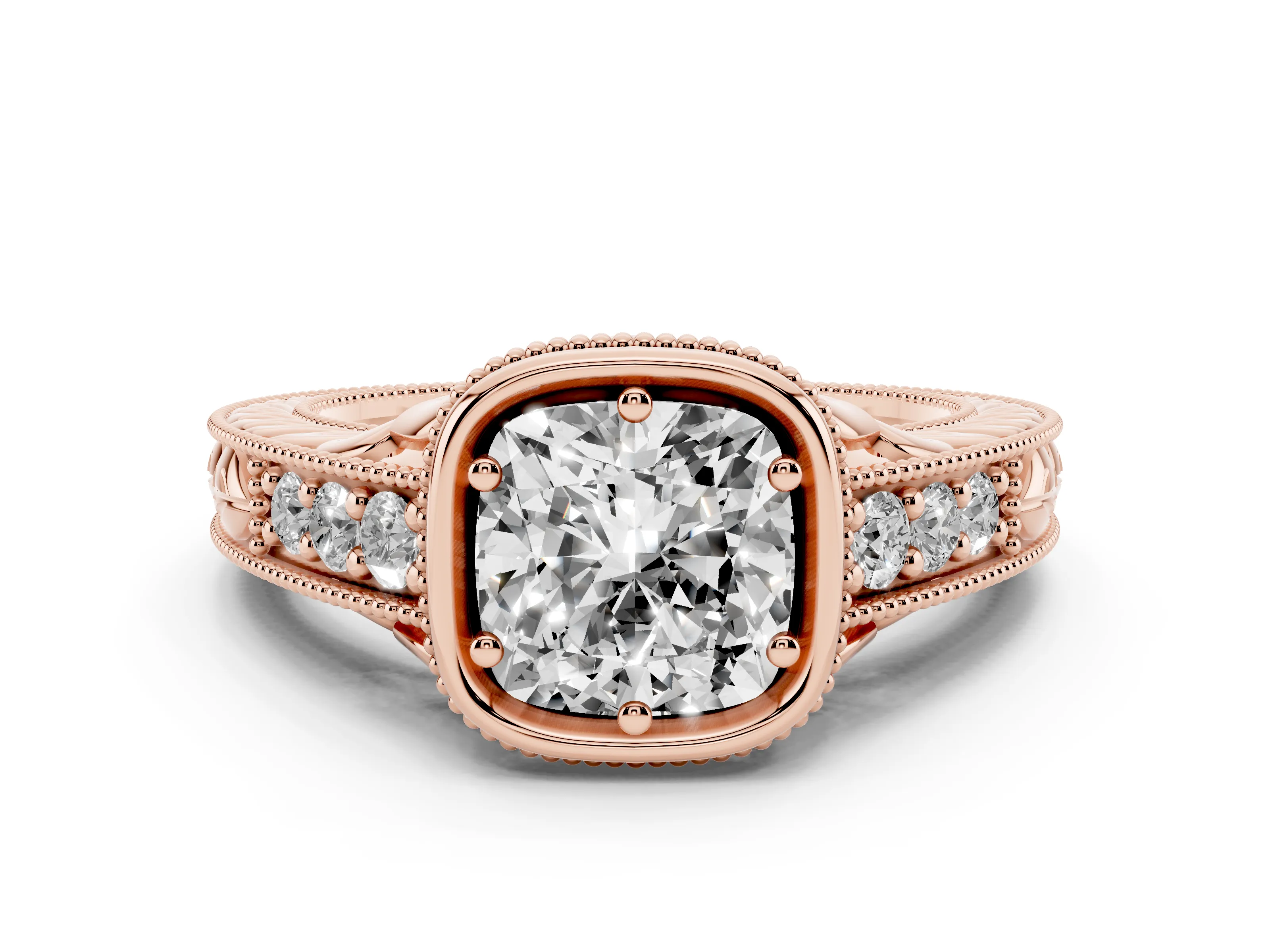 Bezel Set Cushion Cut Diamond Milgrain Pavé Engagement Ring Set in Rose gold