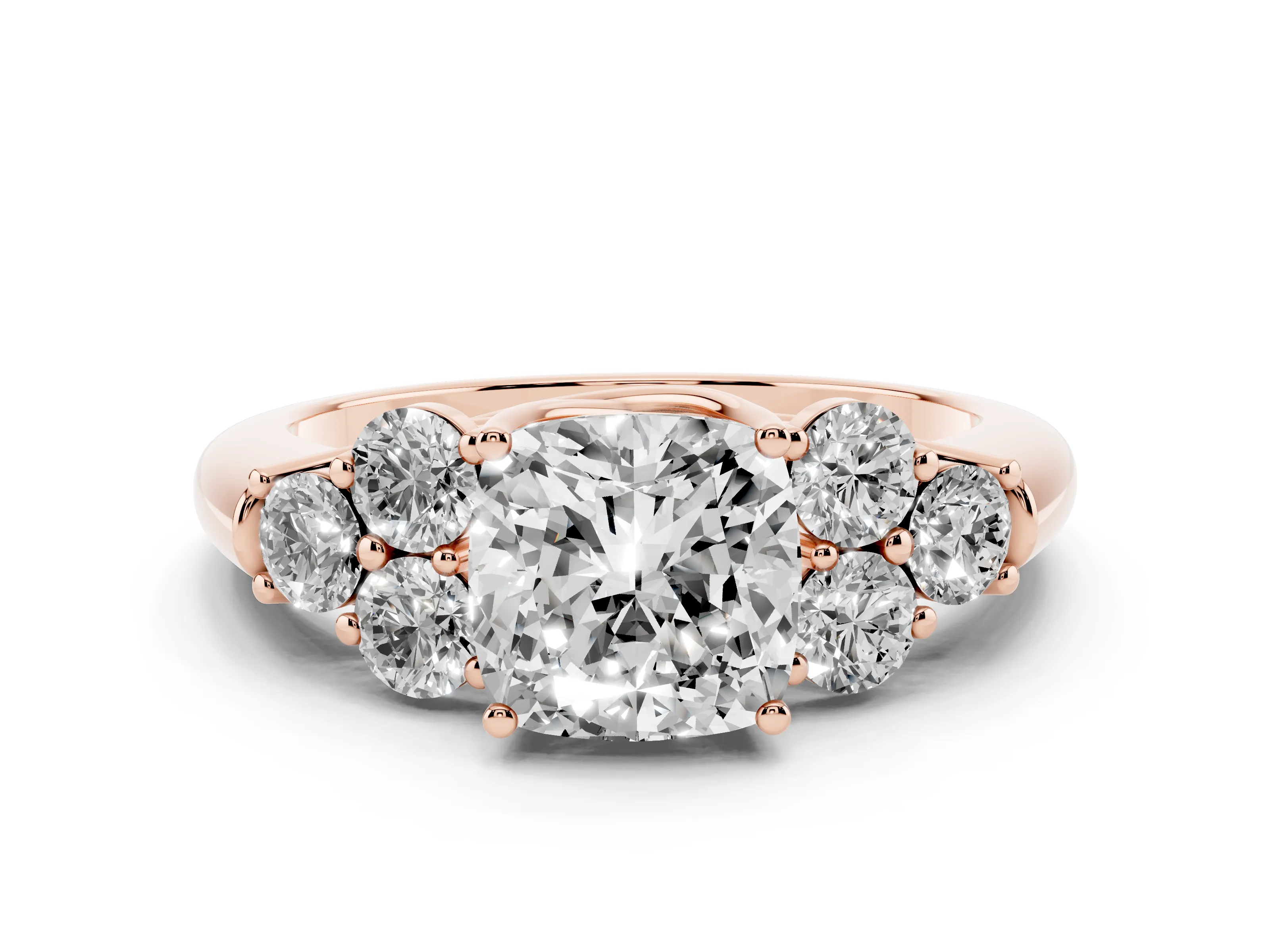 Cushion Cut Diamond Cluster Ring Set in Rose gold with Round Accent Stones and Prong Setting on a Plain Band