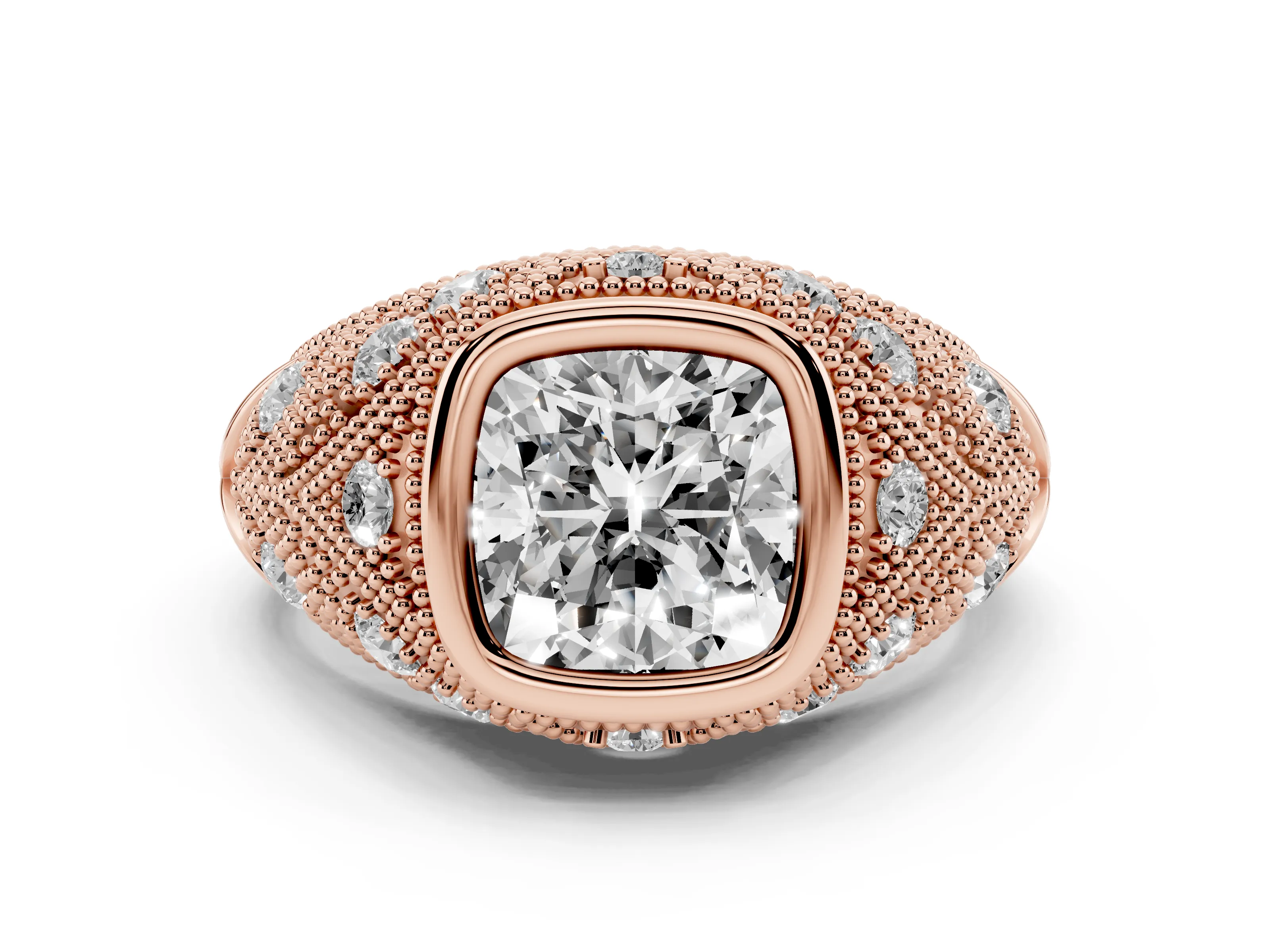 Cushion Cut Diamond Bezel Ring Set in Rose gold with Milgrain Accent Band