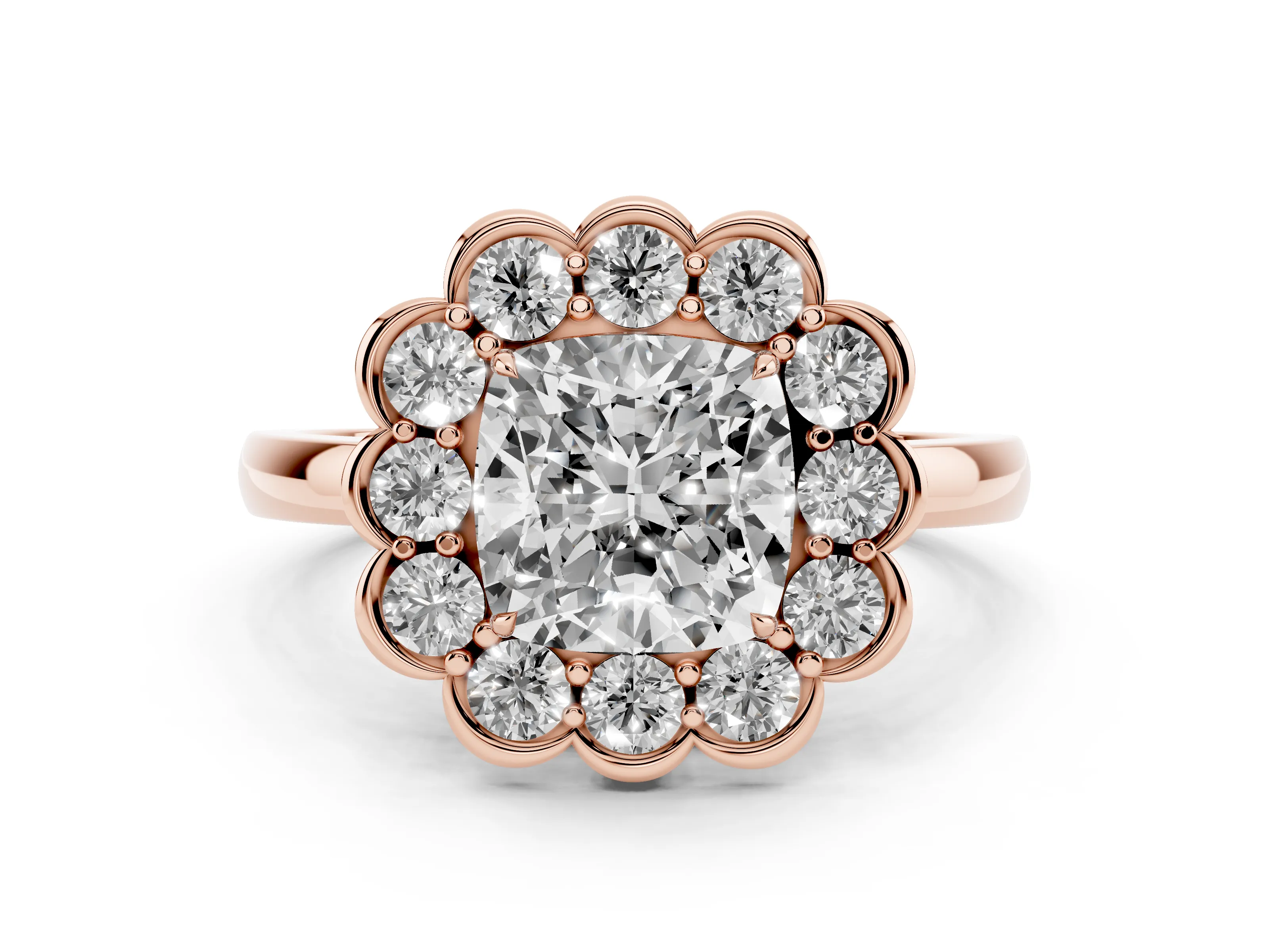 Cushion Cut Diamond Halo Cluster Engagement Ring Set in Rose gold with Solitaire Band and Prong Setting