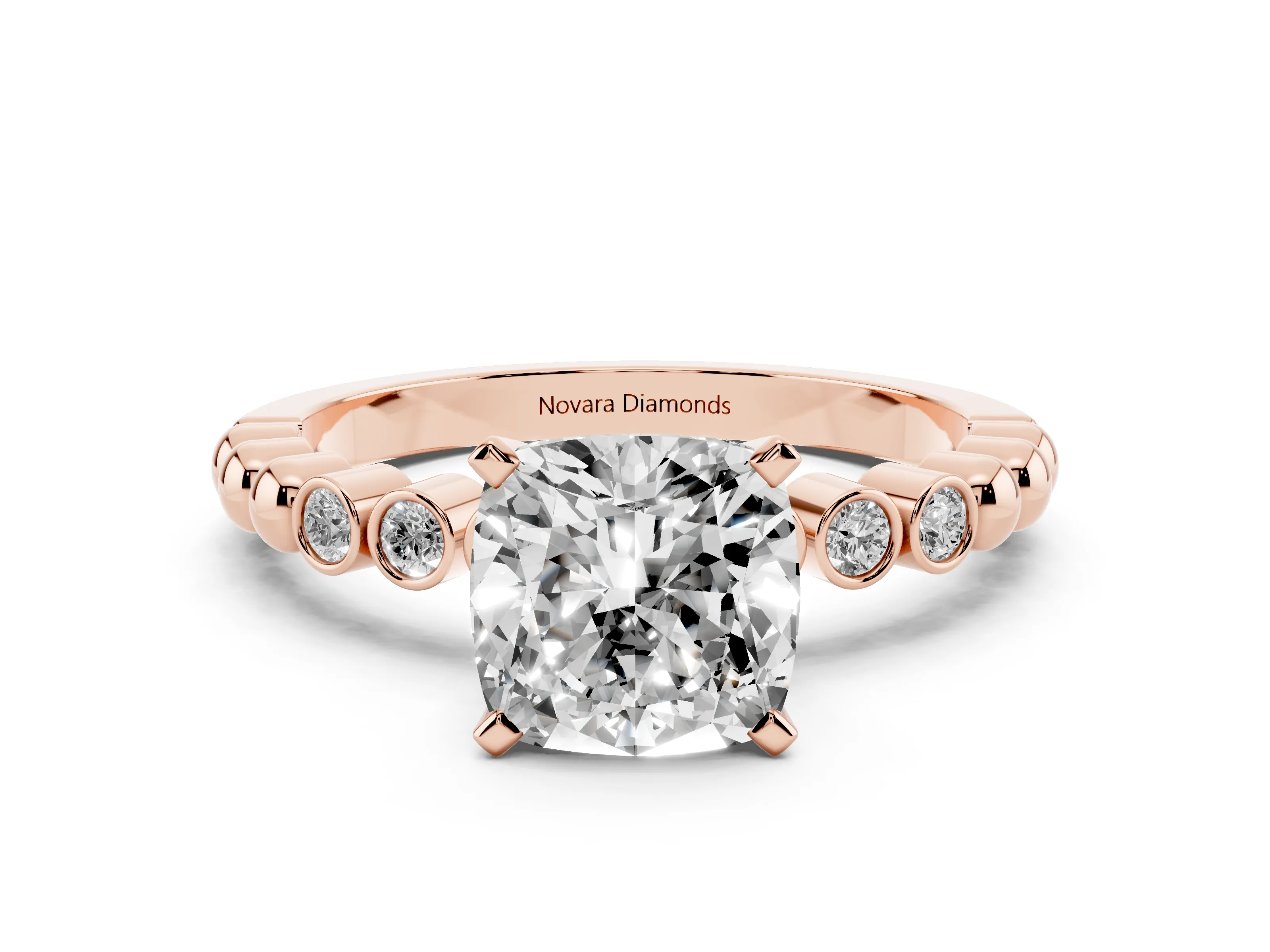 Cushion Cut Diamond Solitaire Engagement Ring Set in Rose gold with Bezel Accents on Beaded Band