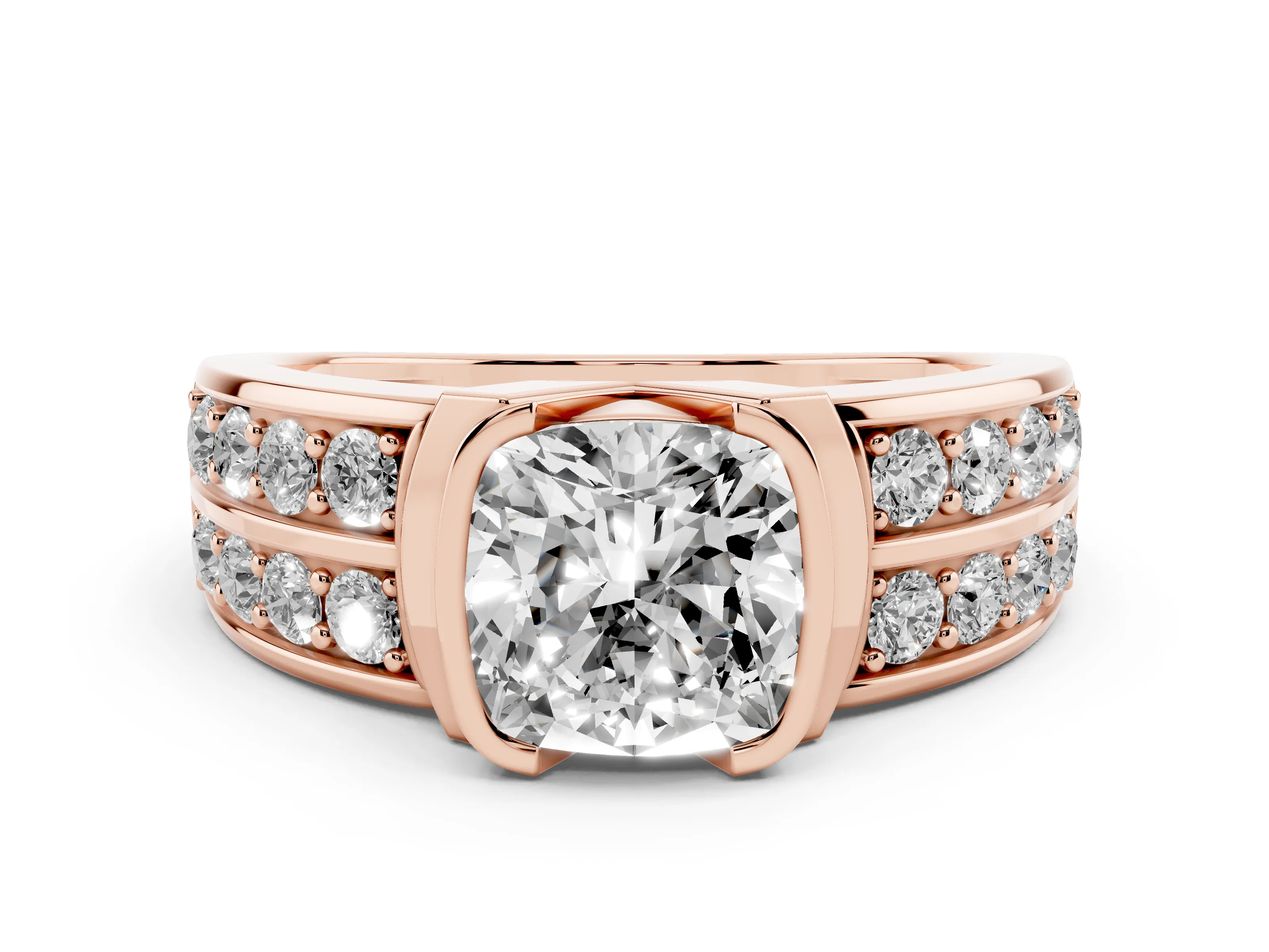 Cushion Cut Diamond Wide Channel Set Band Ring Set in Rose gold with Bezel Setting