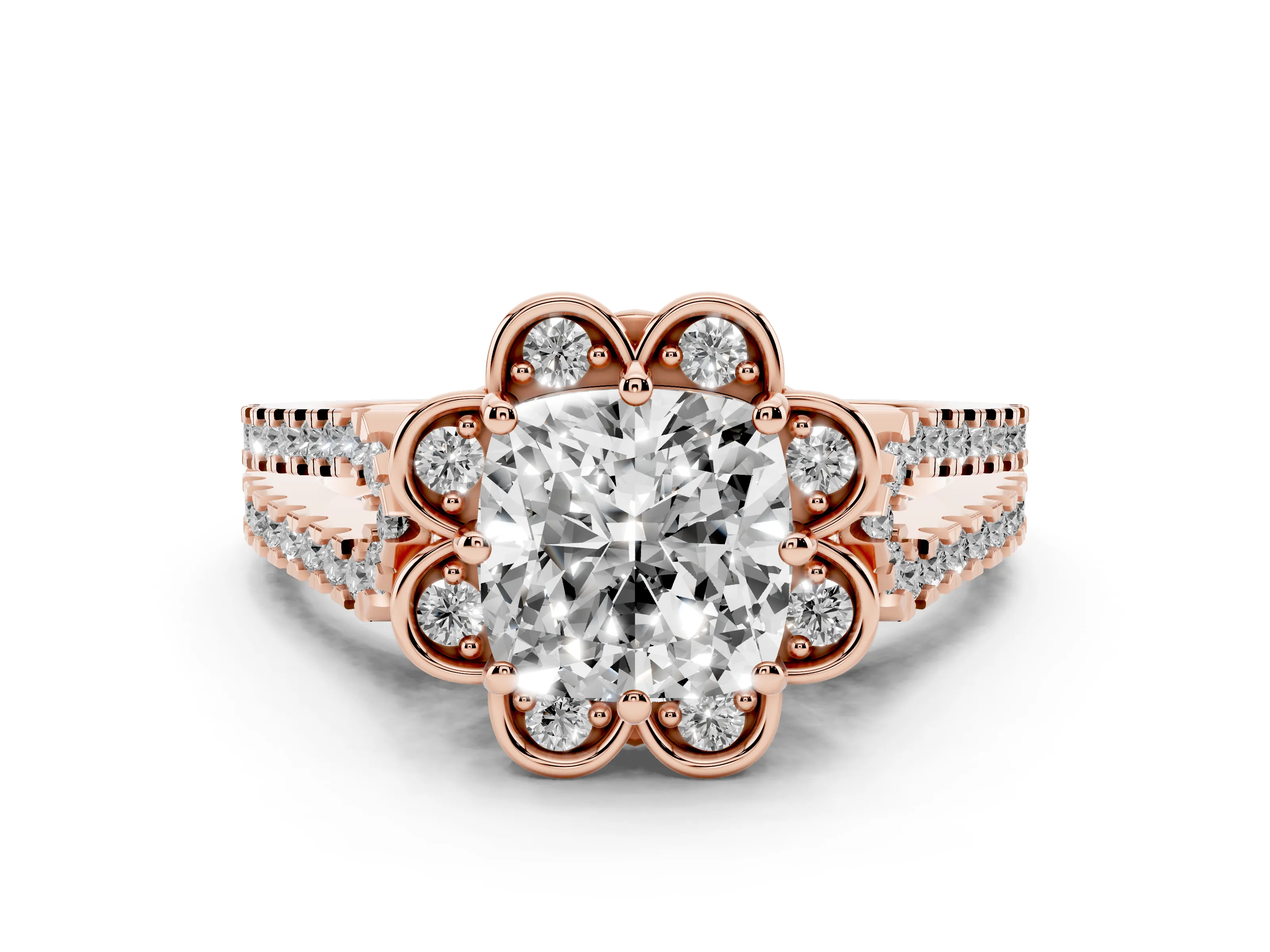 Cushion Cut Diamond Floral Halo Split Shank Engagement Ring Set in Rose gold with Pavé Shank