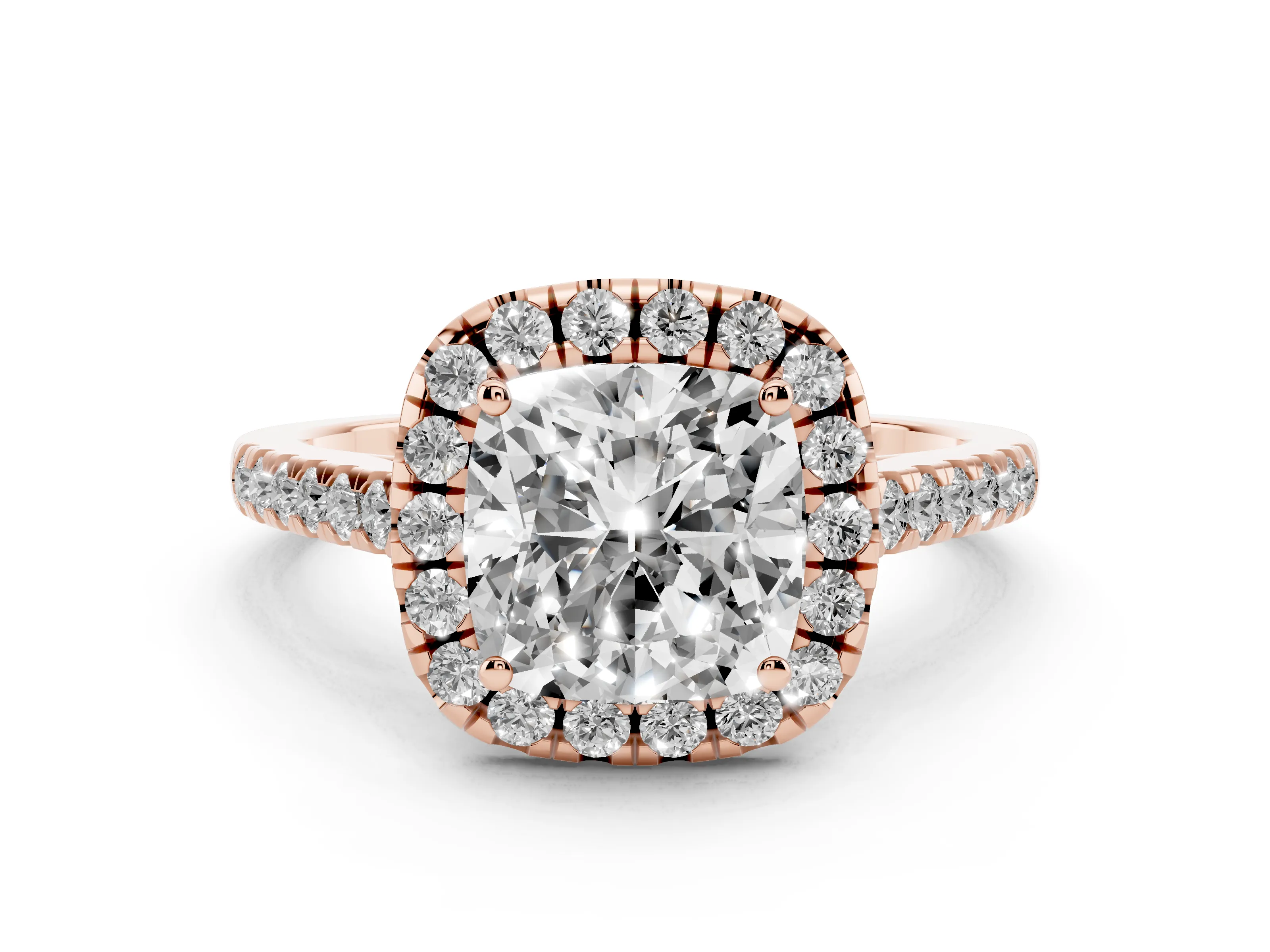 Cushion Cut Diamond Pavé Halo Engagement Ring Set in Rose gold with Pavé Band and Prong Setting