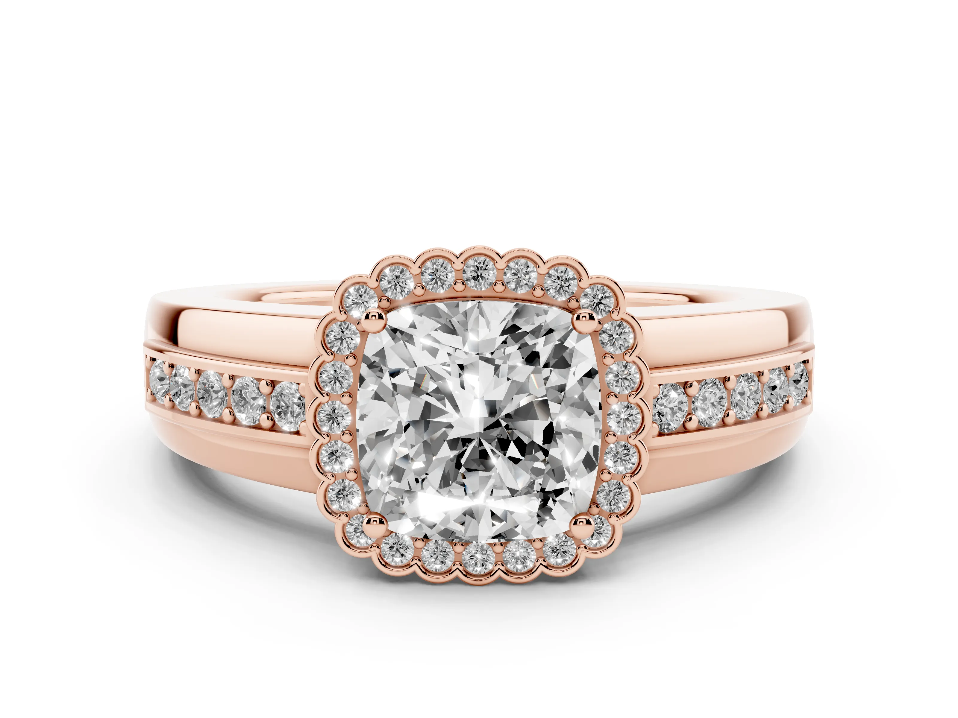 Cushion Cut Diamond Halo Prong Ring Set in Rose gold with Pavé Band