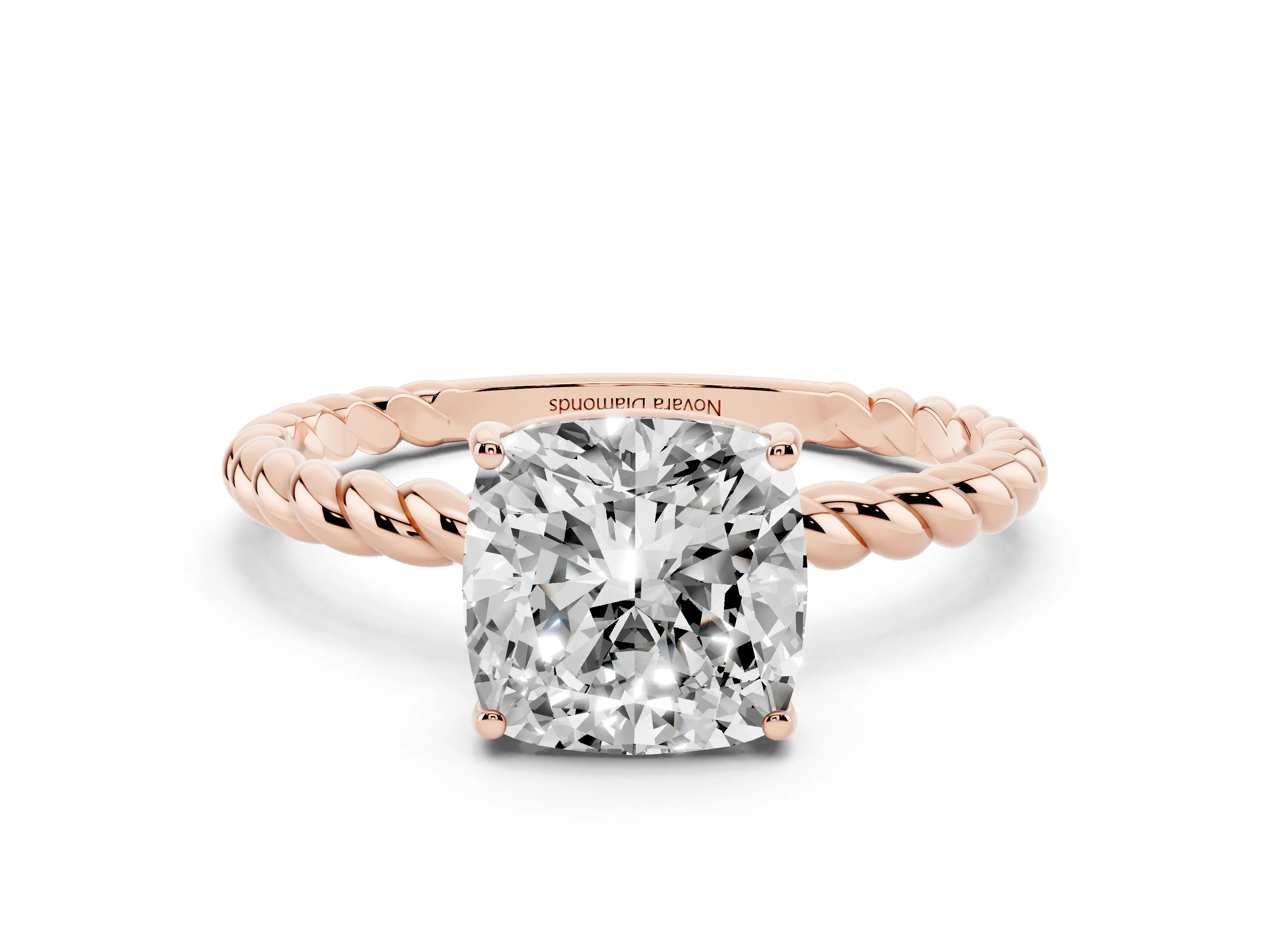 Cushion Cut Diamond Solitaire Ring Set in Rose gold with Twist Band and Prong Setting