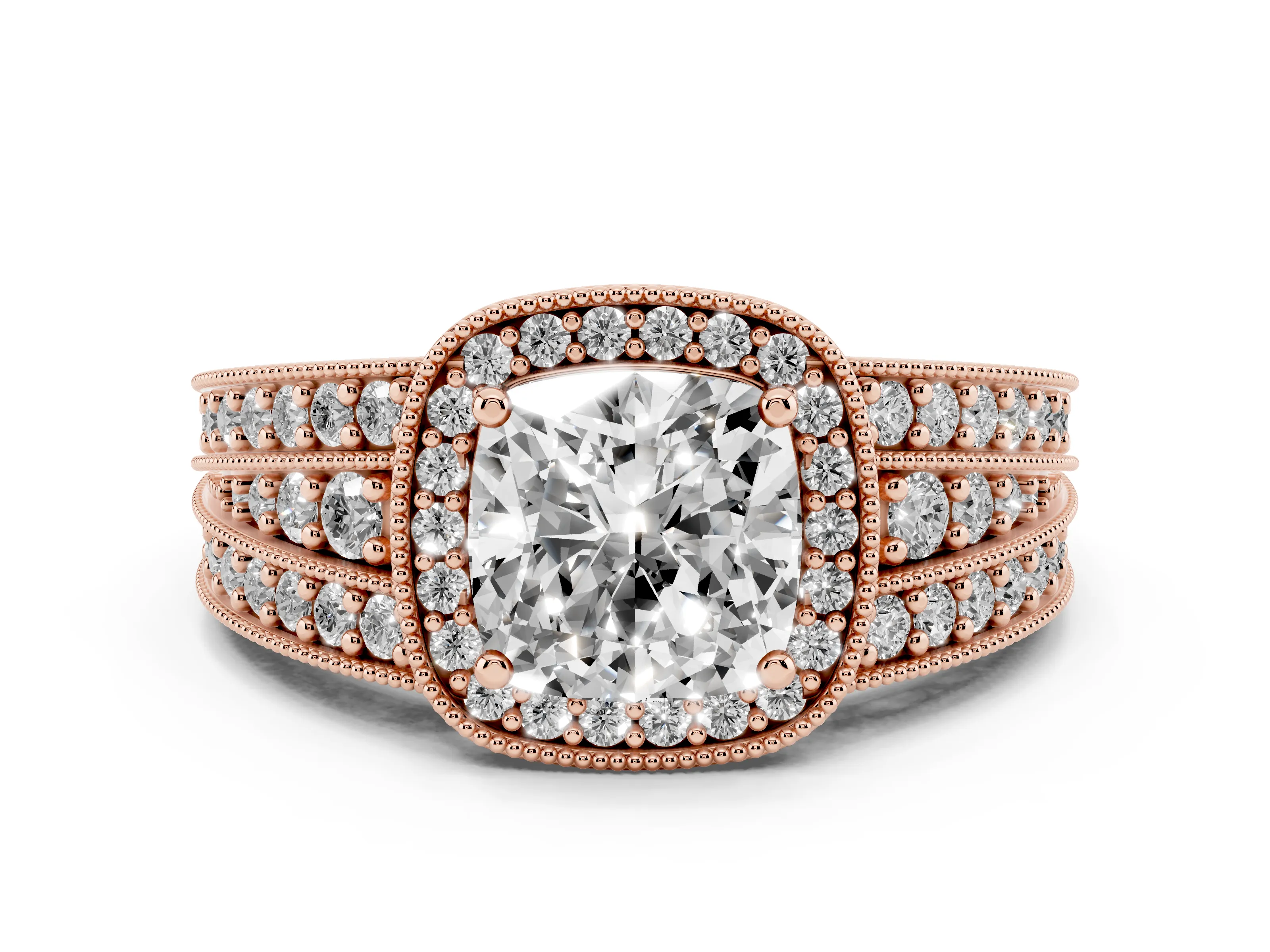 Cushion Cut Diamond Halo Ring Set in Rose gold with Accent Split Shank and Prong Setting