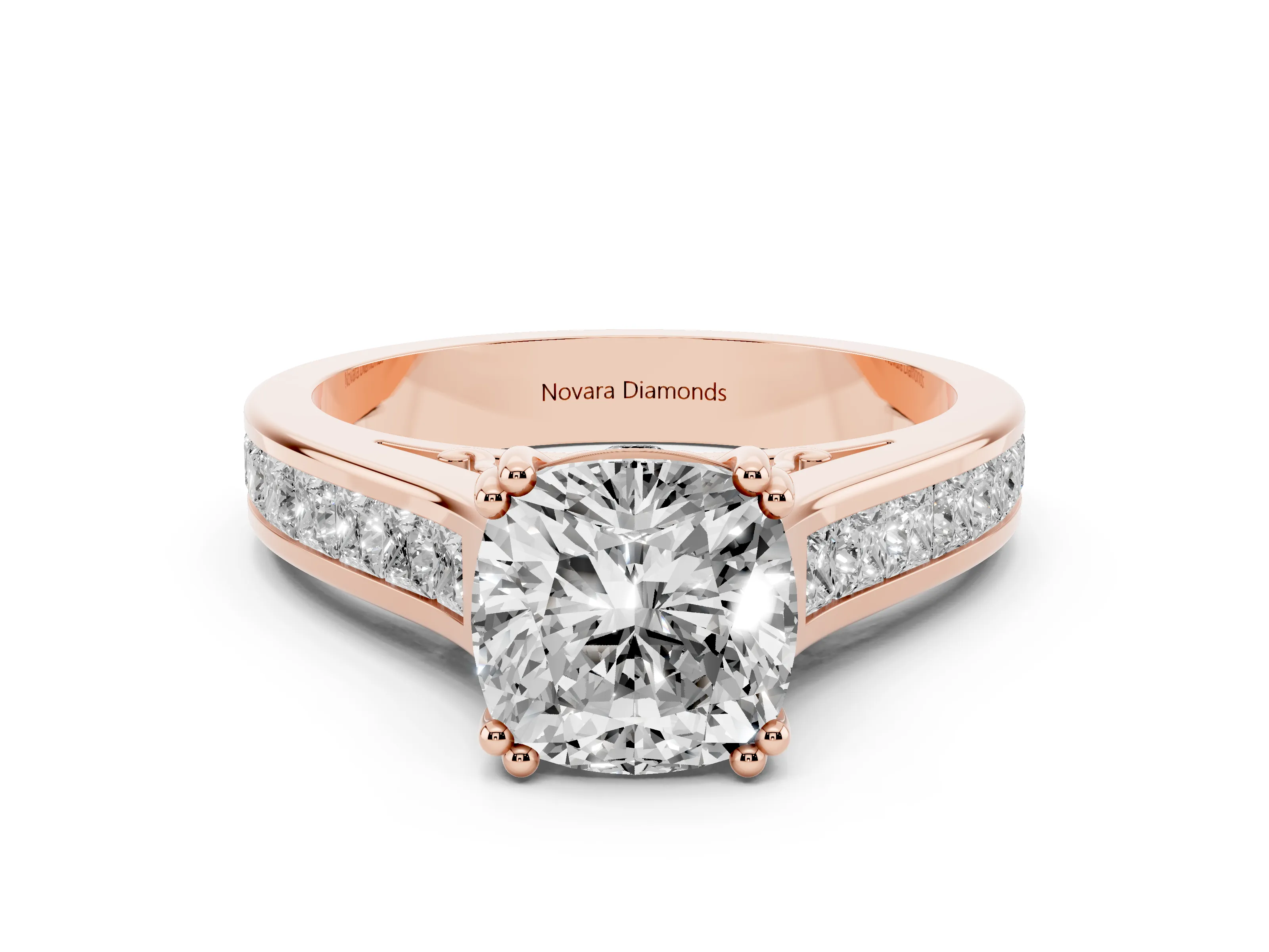 Cushion Cut Diamond Channel Set Solitaire Engagement Ring Set in Rose gold with Prong Setting
