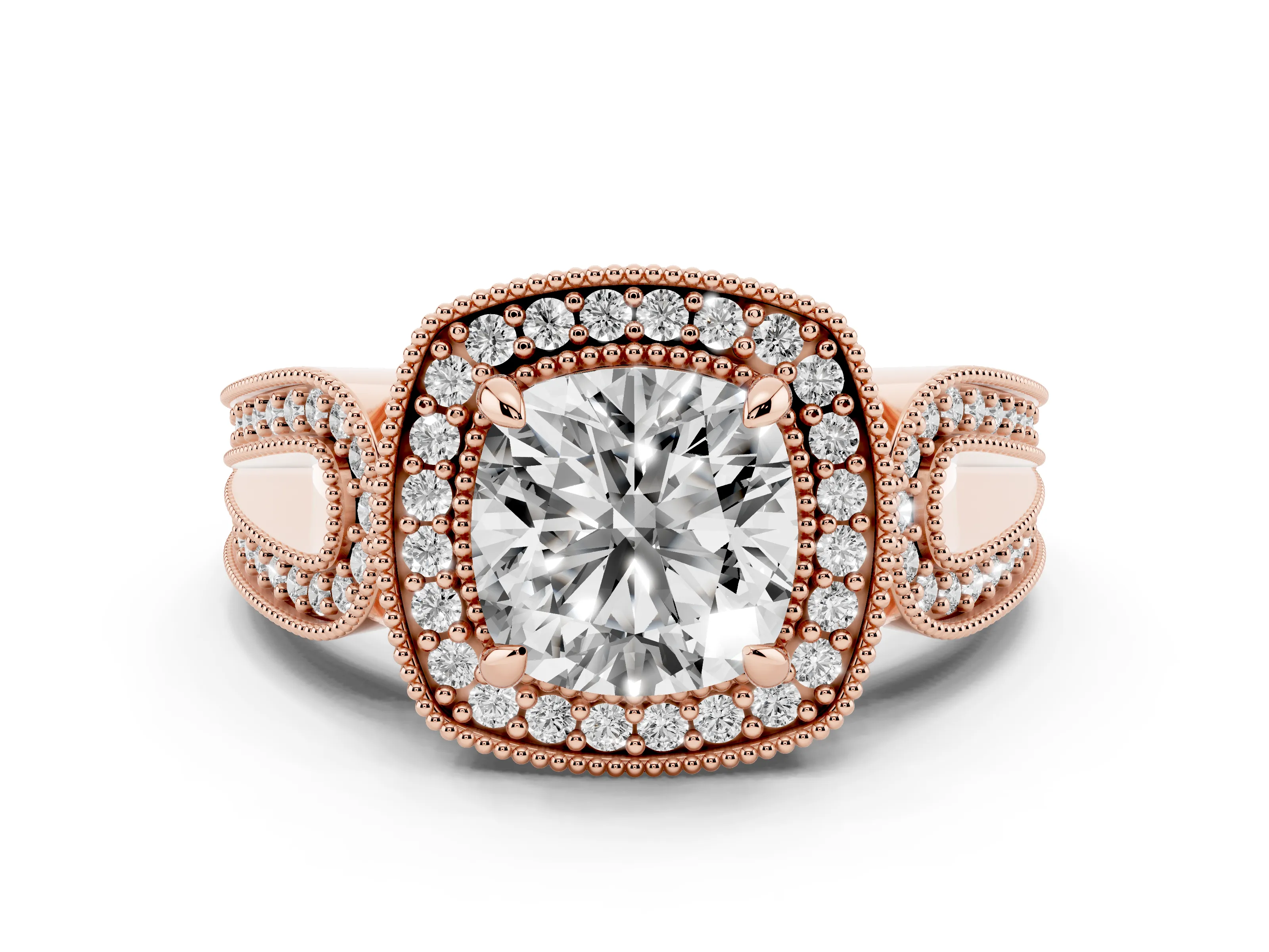 Cushion Cut Diamond Halo Ring Set in Rose gold with Milgrain Accent Split Shank