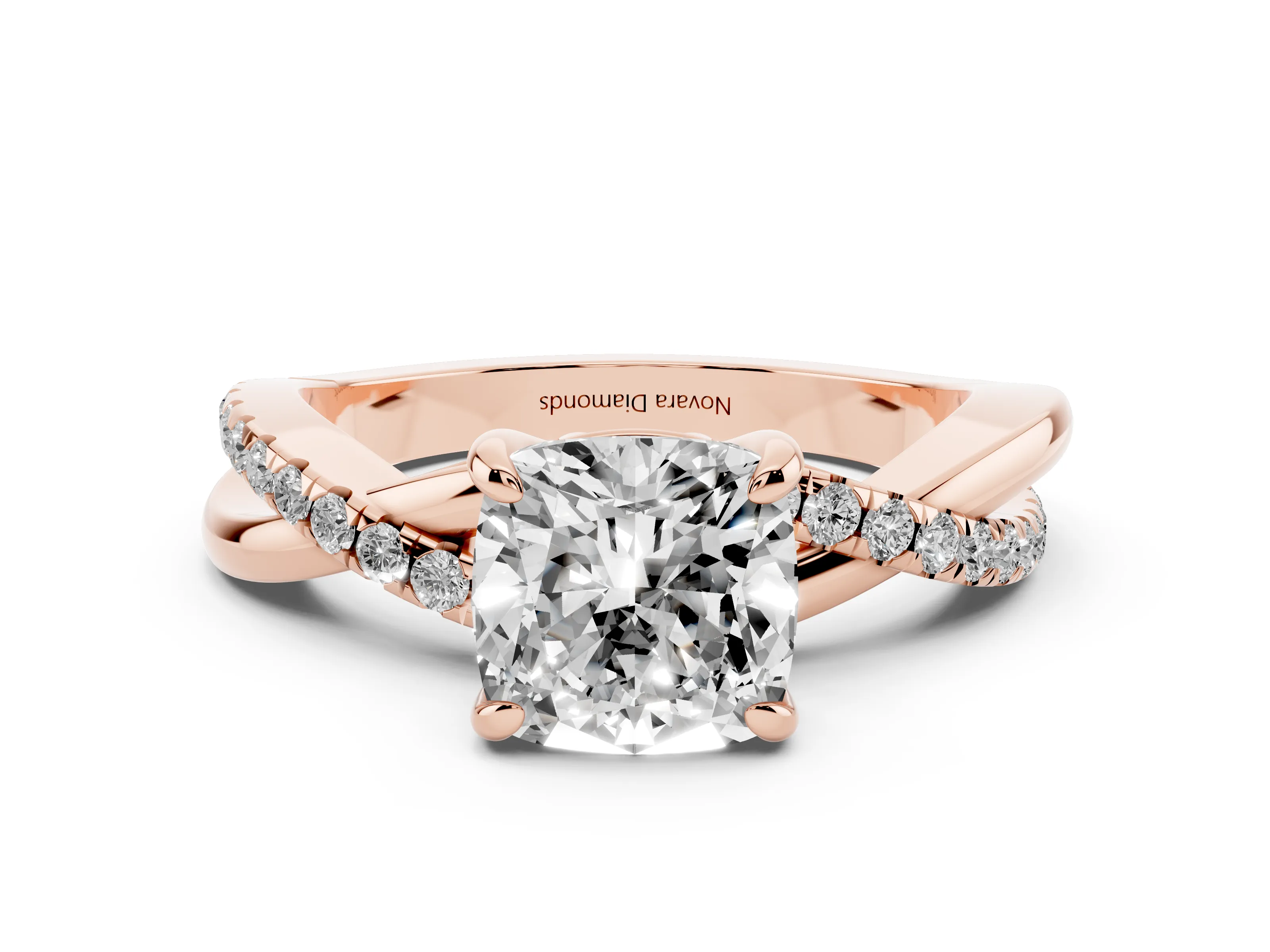 Cushion Cut Diamond Twist Band Pavé Solitaire Ring Set in Rose gold with Prong Setting