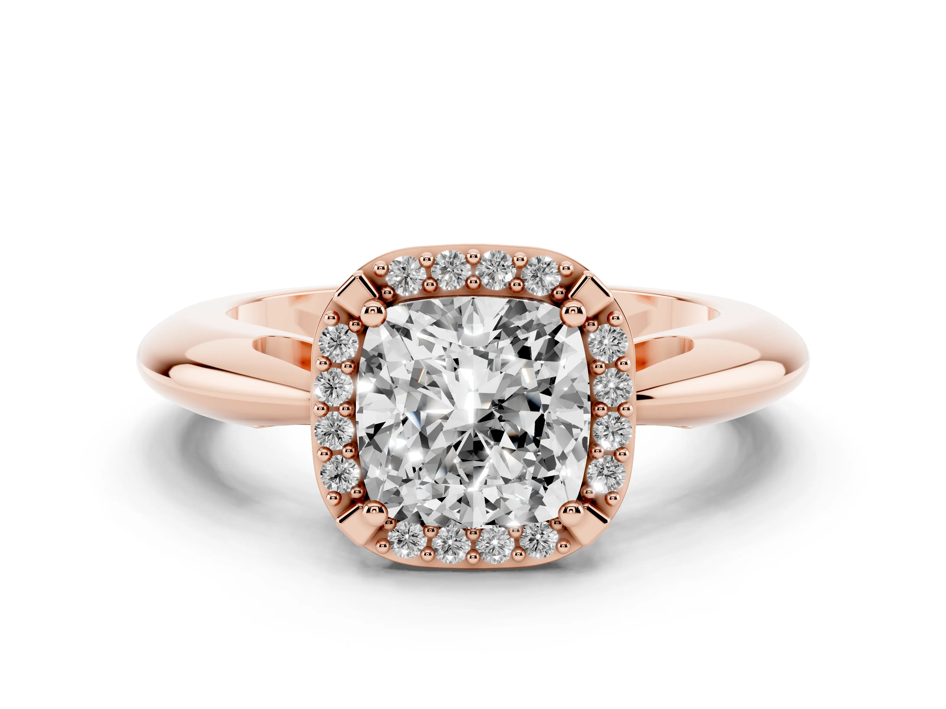 Cushion Cut Diamond Halo Engagement Ring Set in Rose gold with Plain Split Shank and Prong Setting