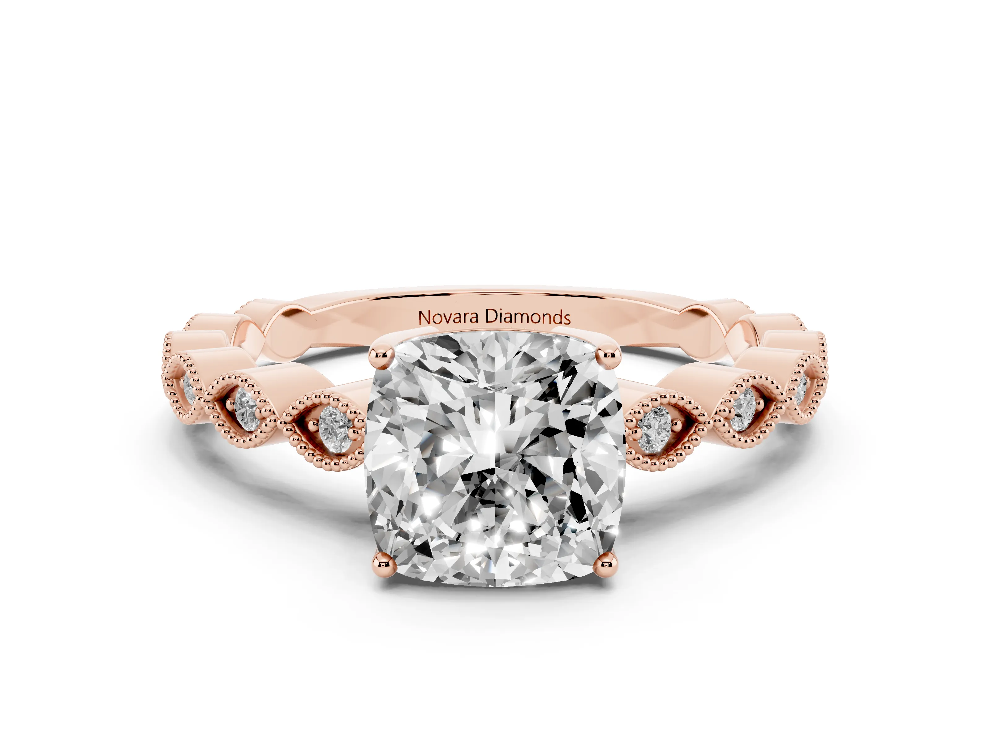 Cushion Cut Diamond Solitaire Ring Set in Rose gold with Infinity Twist Pavé Band