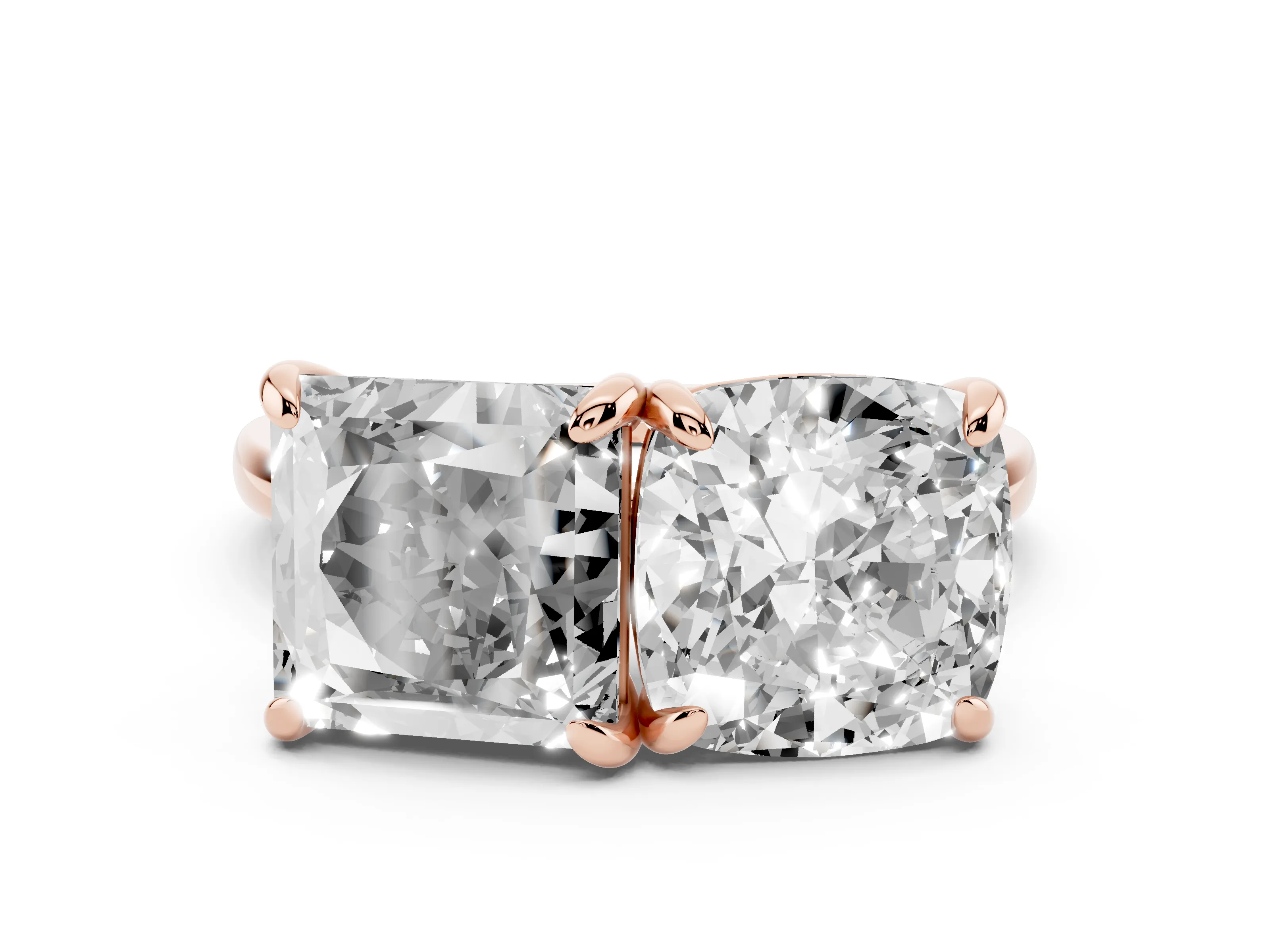 Cushion and Princess Toi Moi Ring Set in Rose gold with Prong Setting and Plain Band