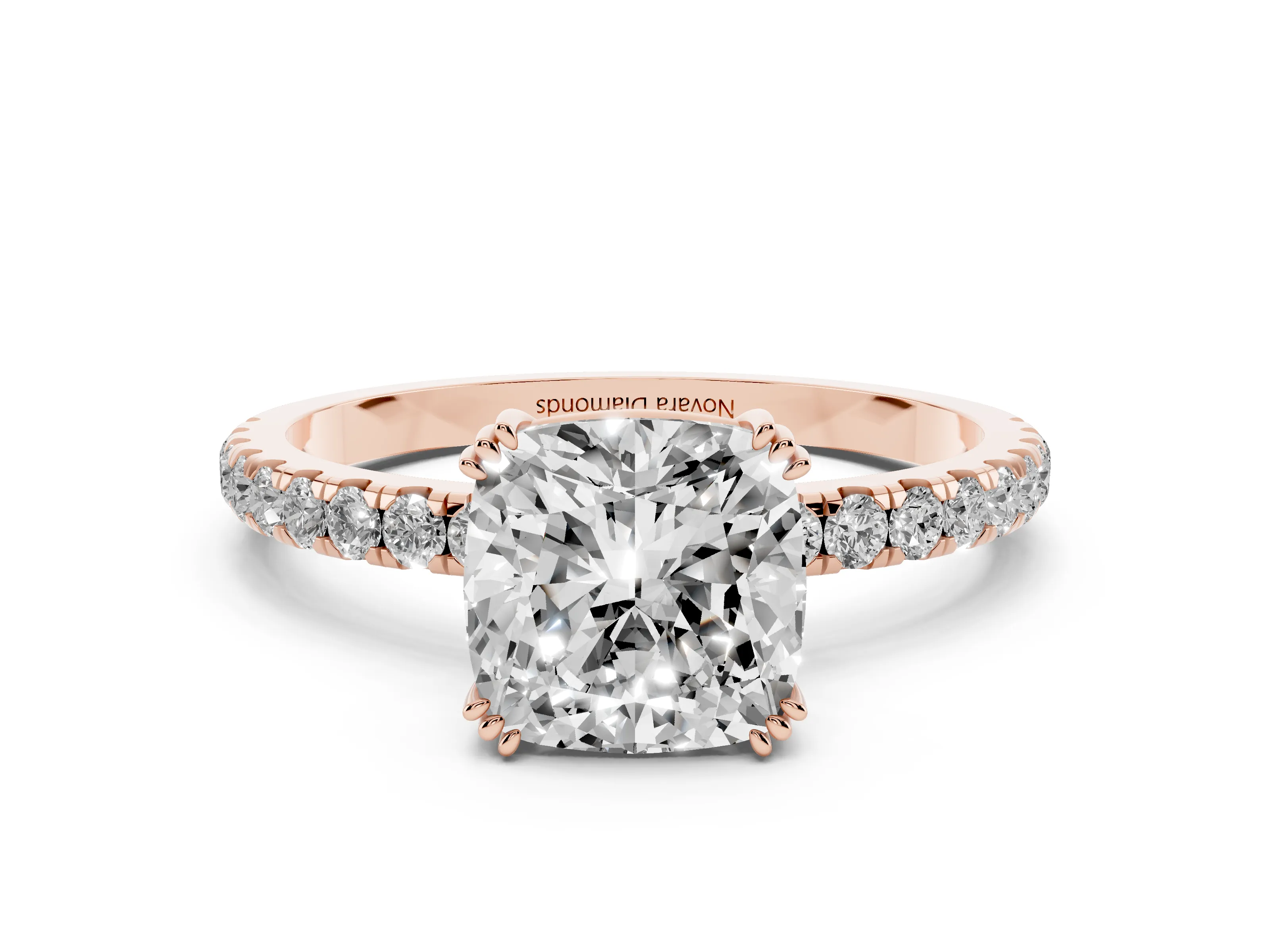 Cushion Cut Diamond Brilliant Solitaire Set in Rose gold with Pavé Band and Claw Prong Setting